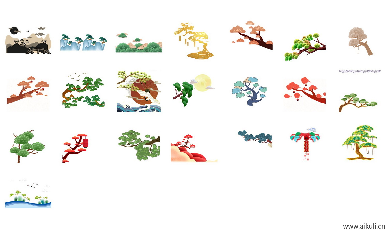 松树仙鹤松枝迎客松水墨画png免扣元素