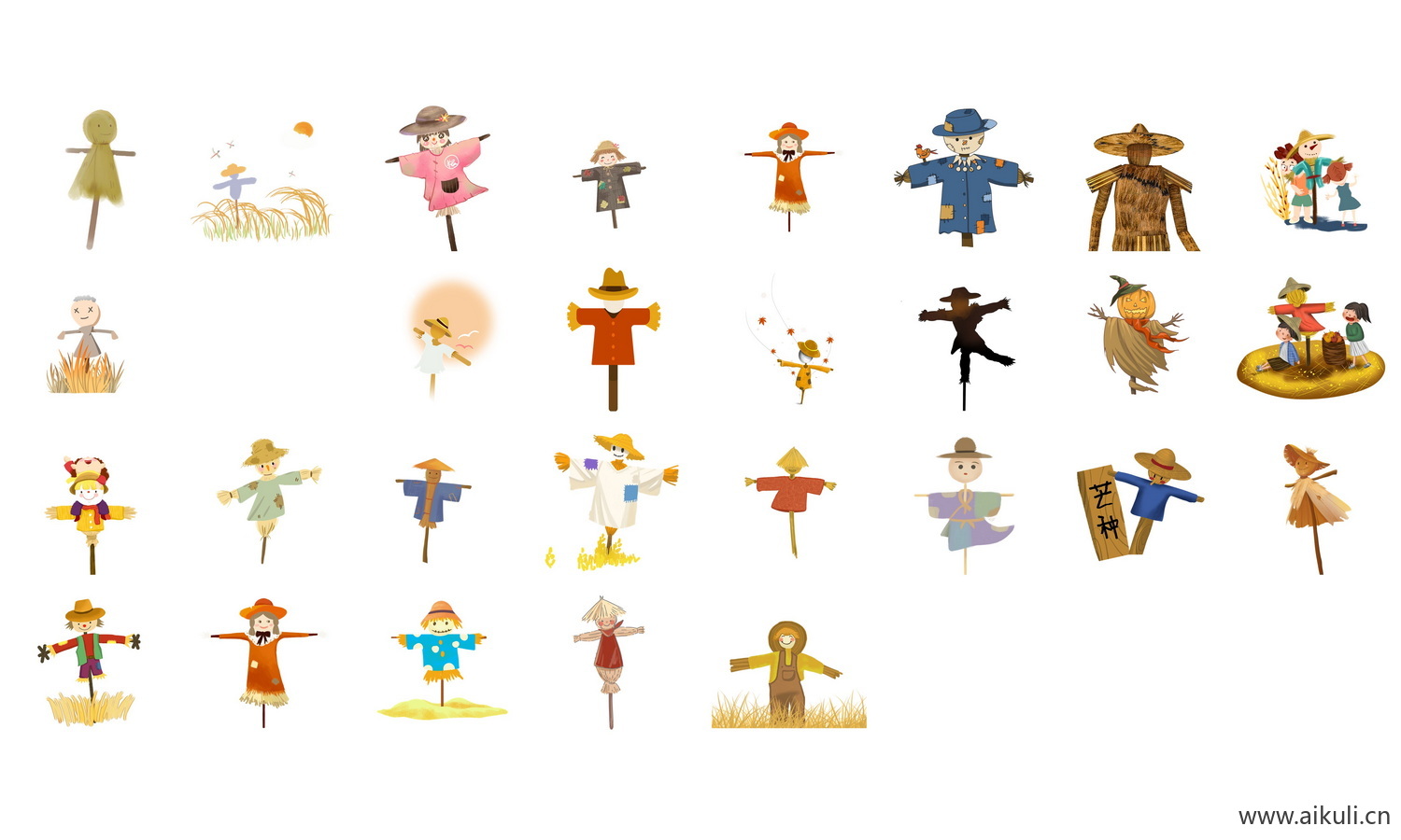 卡通手绘稻草人秋季农田麦穗丰收插画PNG免扣素材