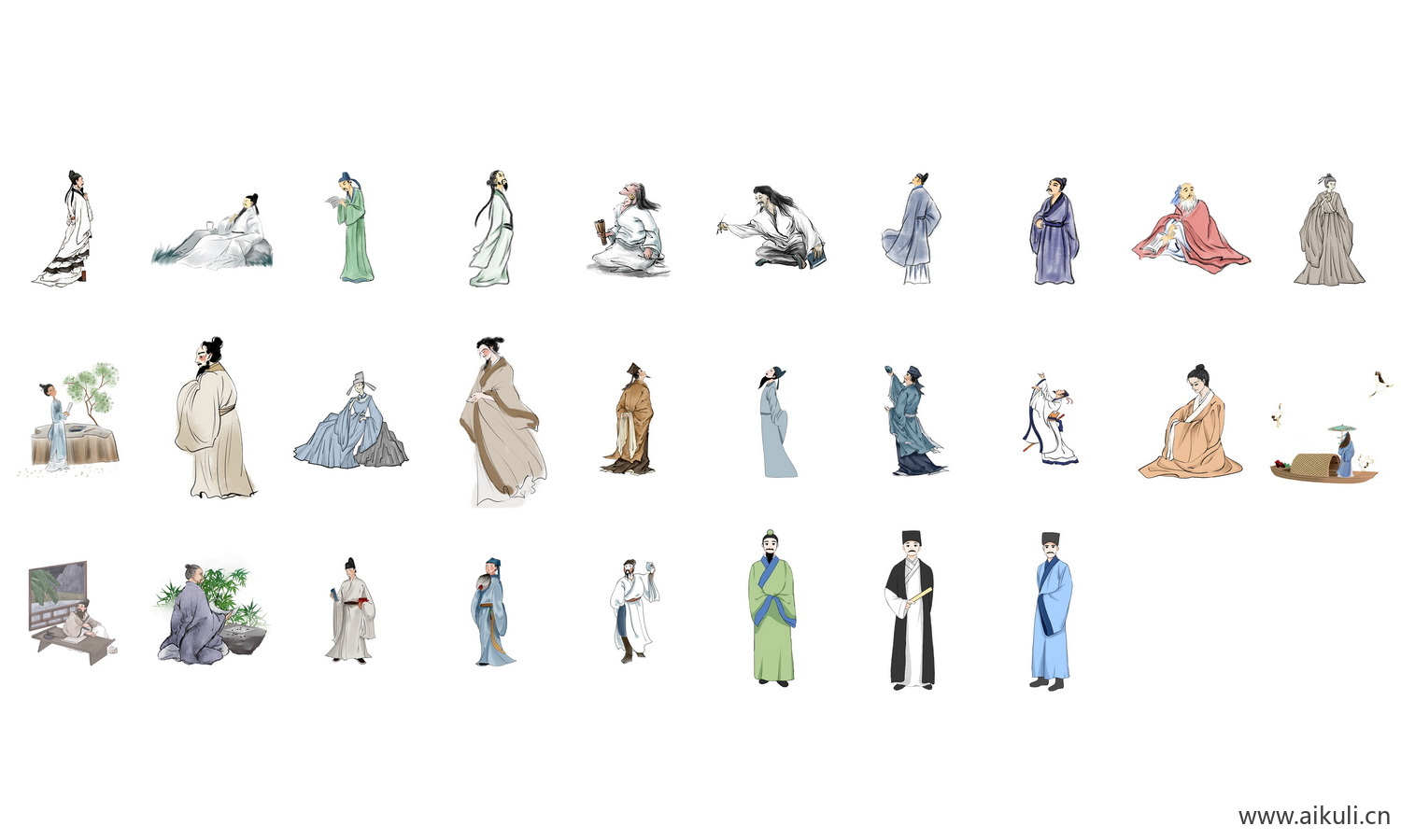 古代诗人李白杜甫名人名士国学人物插画png免扣