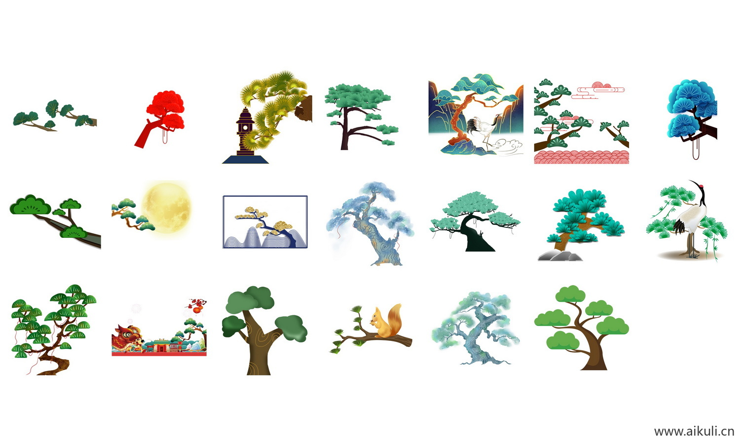 手绘松树仙鹤松枝迎客松水墨画png免扣元素