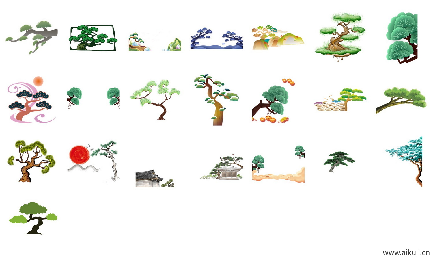 卡通手绘松树仙鹤松枝迎客松水墨画png