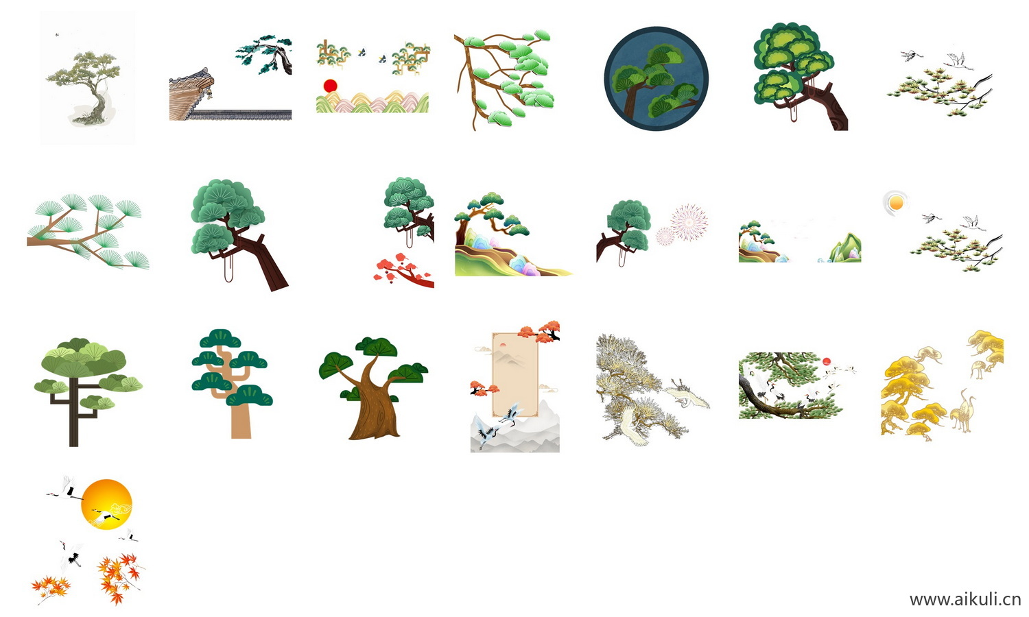 卡通手绘松树仙鹤松枝迎客松水墨画png元素