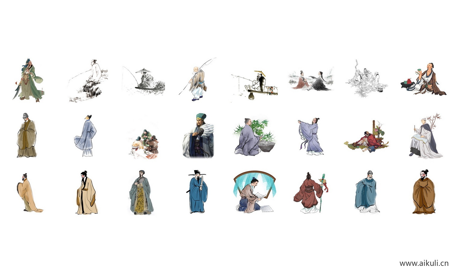 古代历史名人png素材名人名士国学人物插画