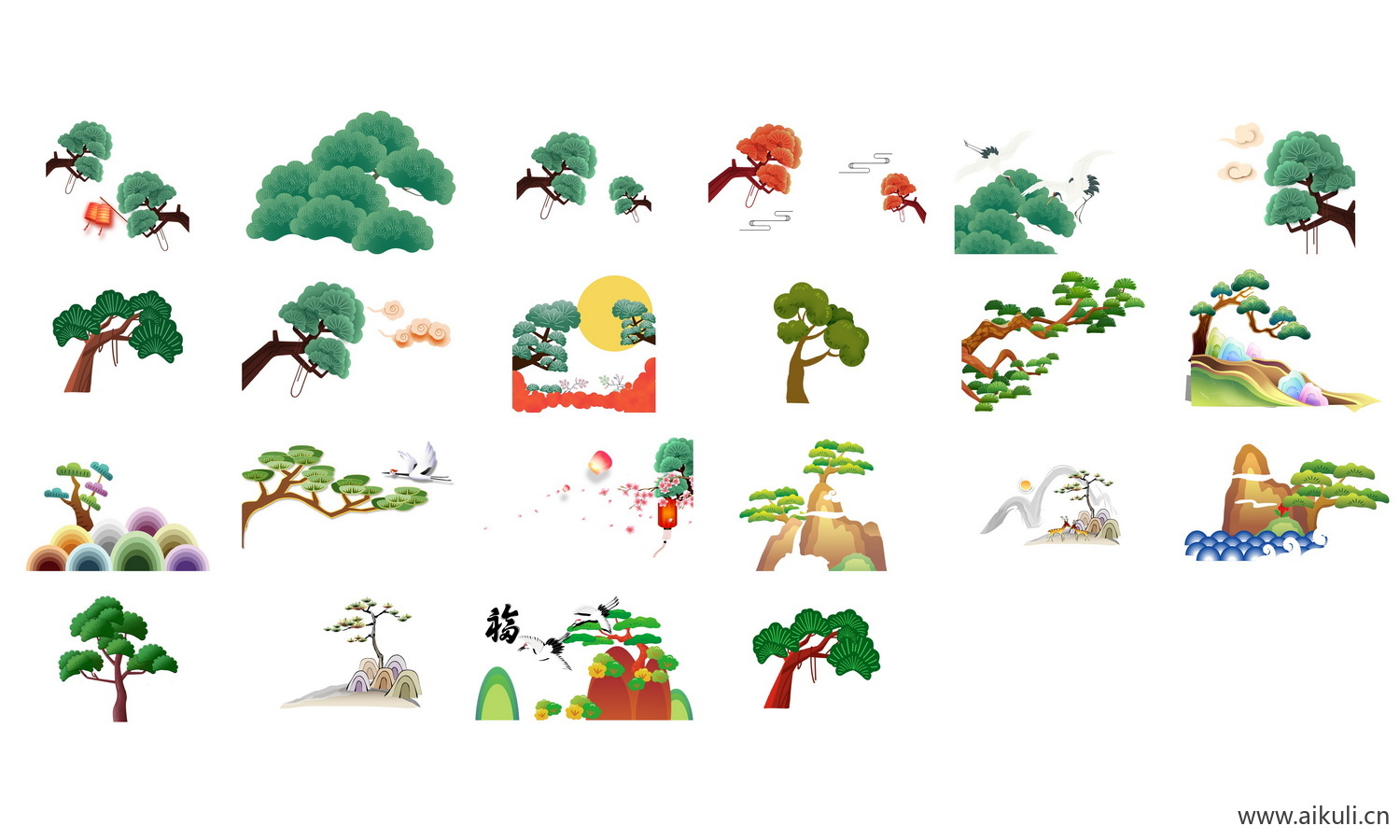 卡通手绘松树仙鹤松枝迎客松水墨画png免扣元素