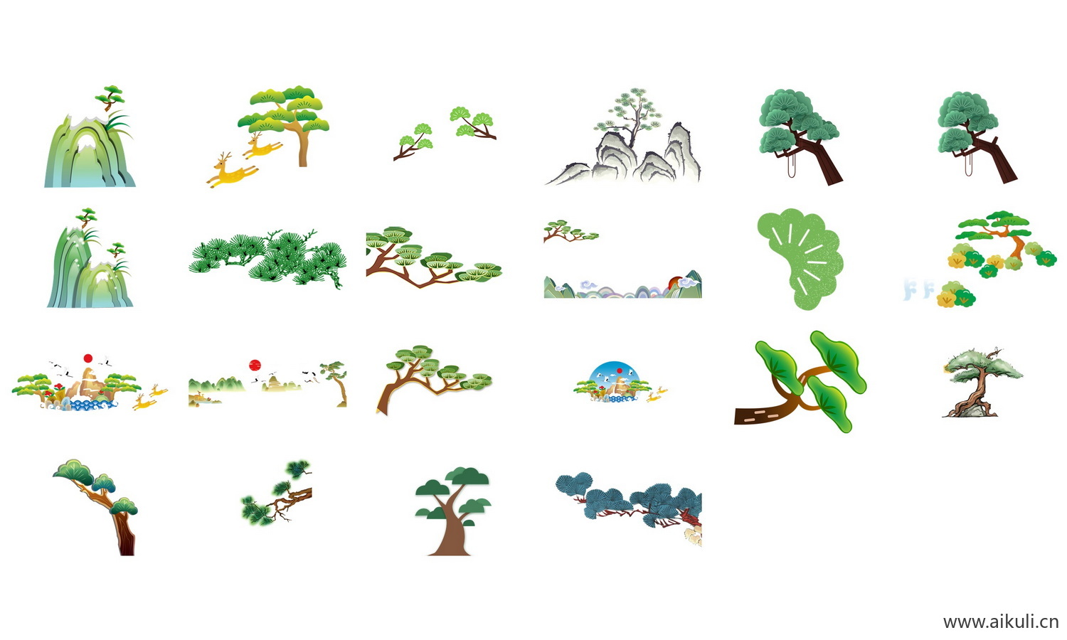 卡通手绘松树仙鹤松枝迎客松水墨画png免扣