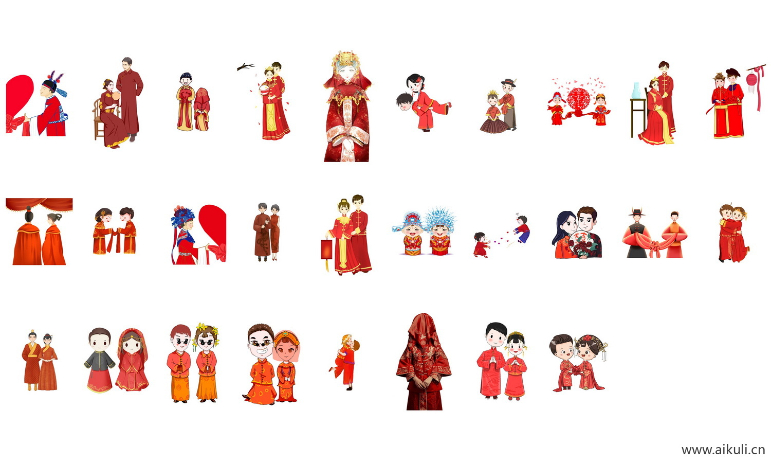 卡通中式婚礼新人中式人物婚庆海报PNG免扣