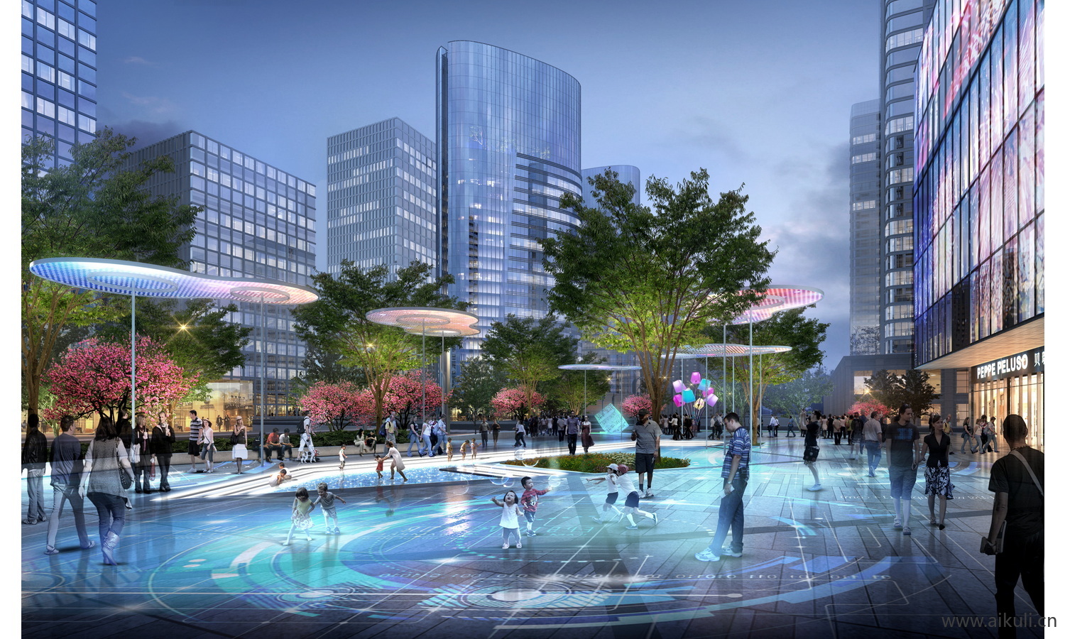 夜景树木植物ps灯光效果图 效果图psd分层公园氛围灯亮化