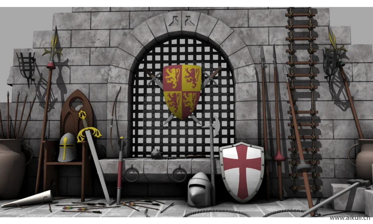 头盔、剑、战锤、连枷、长矛