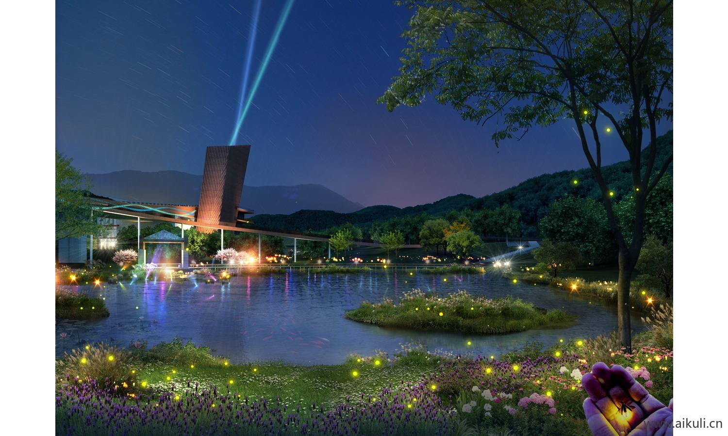 夜景树木植物ps灯光效果图效果图psd分层公园氛围灯亮化工程