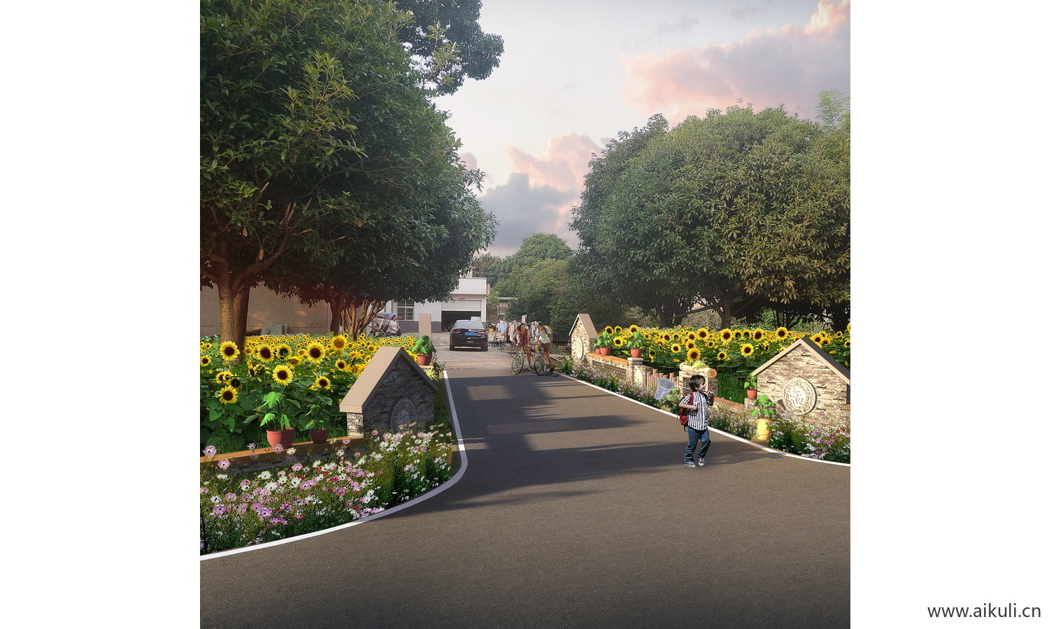 新农村环境景观改造效果图ps后期 美丽乡村绿化花境卉素材psd