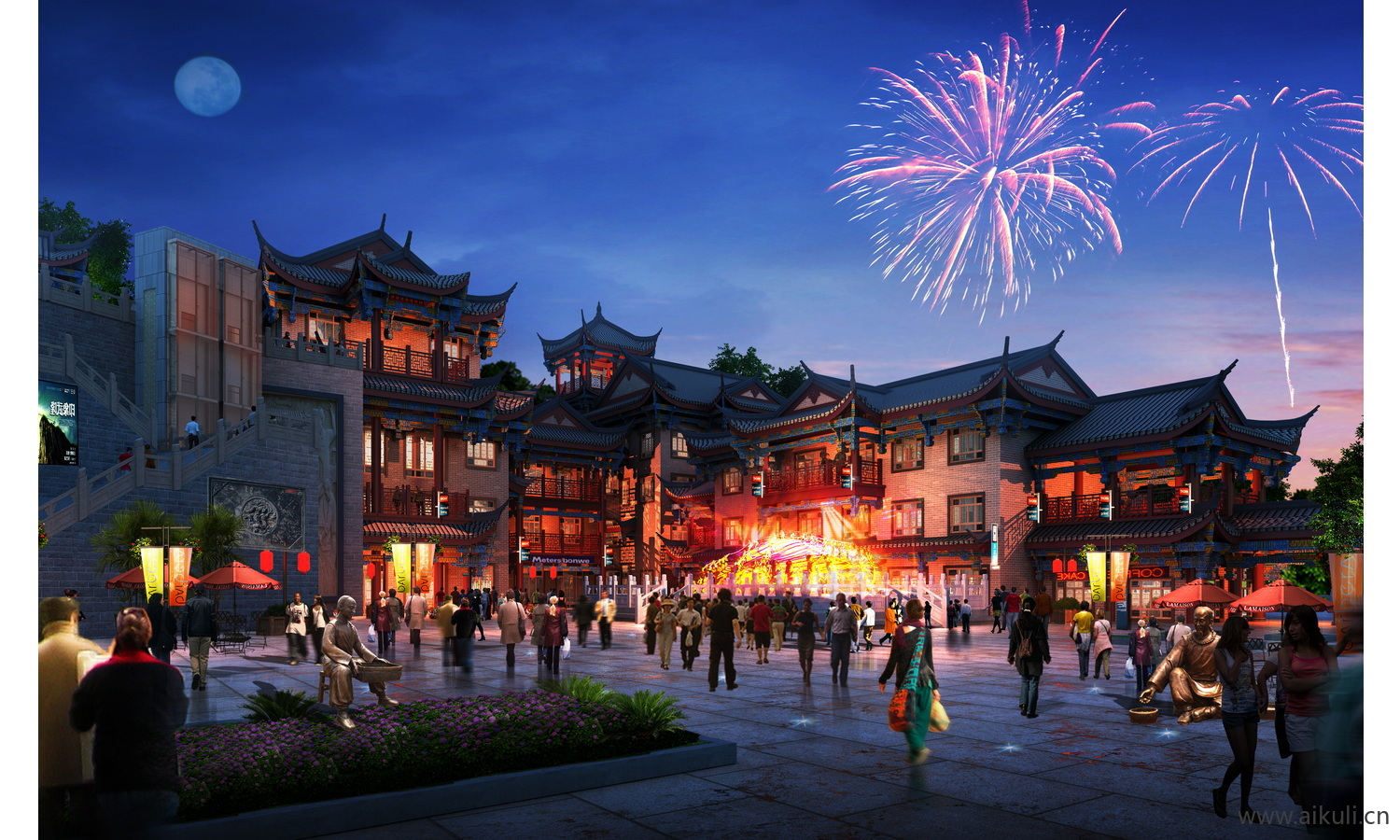 夜景树木植物ps灯光效果图 分层公园氛围灯亮化工程