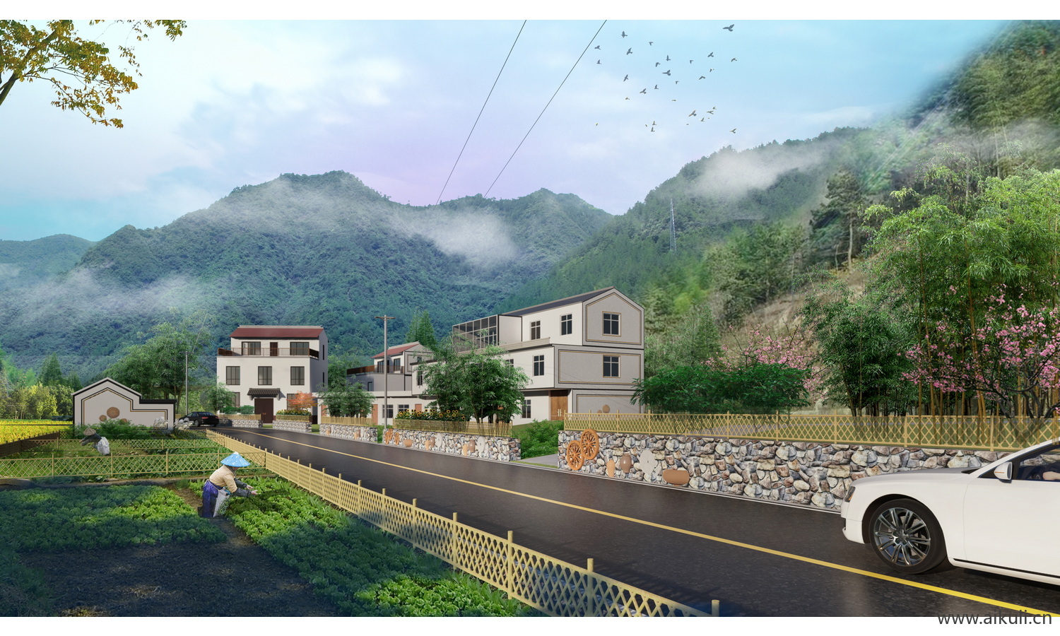 新农村环境景观改造效果图ps后期 美丽乡村绿化花境卉素材psd分层