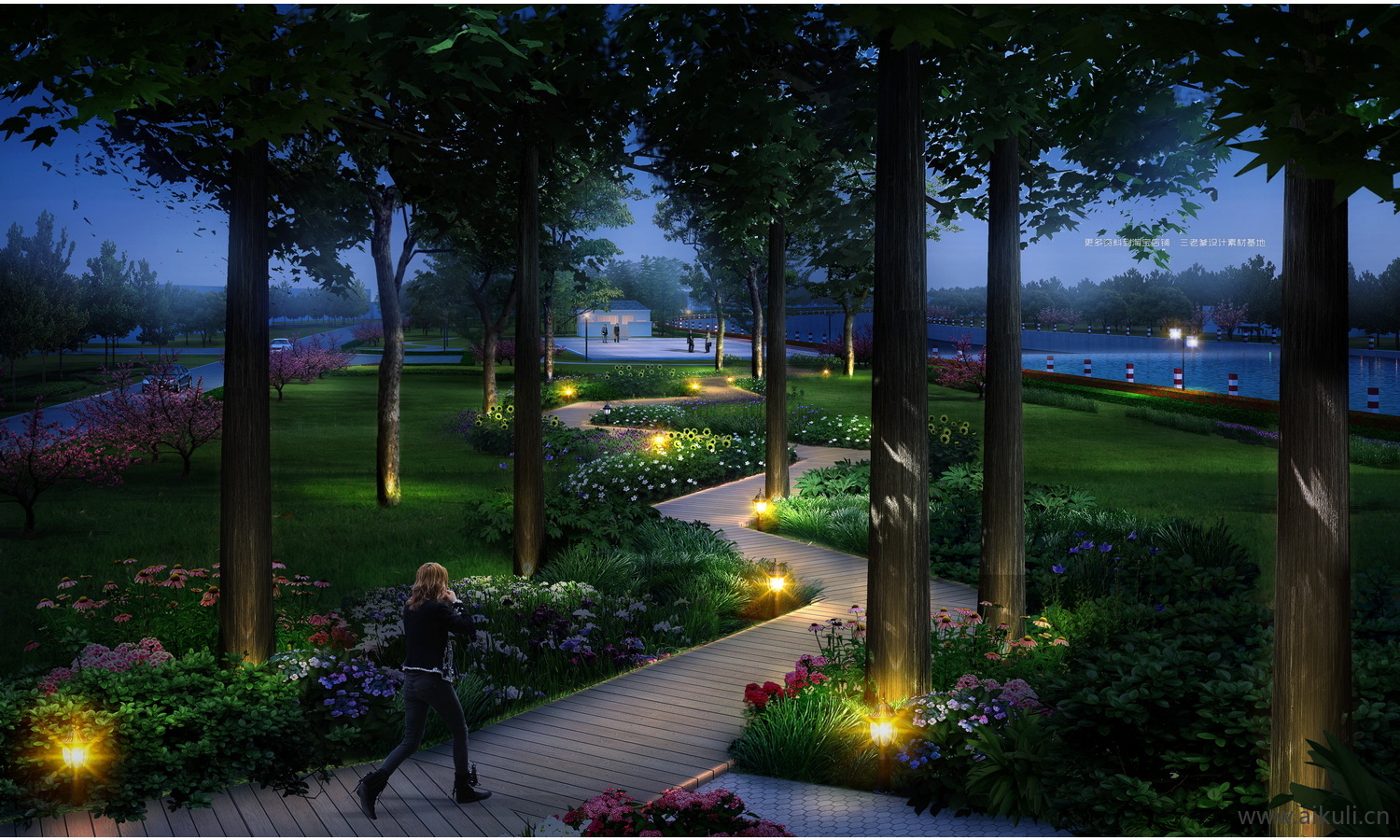 公园夜景景观效果图PSD免抠