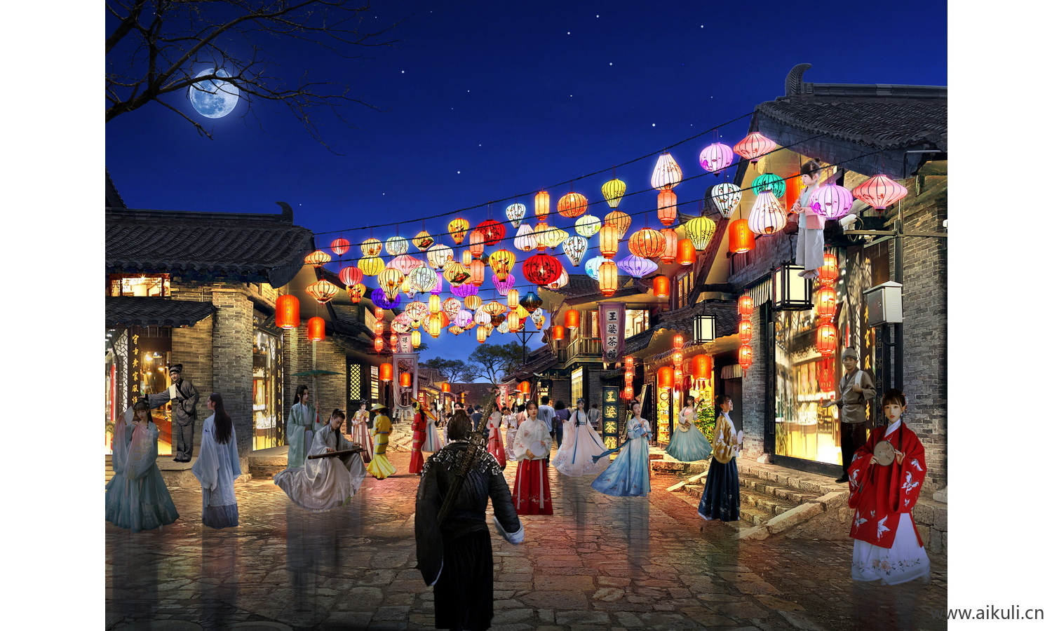 夜景树木植物ps灯光效果图氛围灯亮化工程