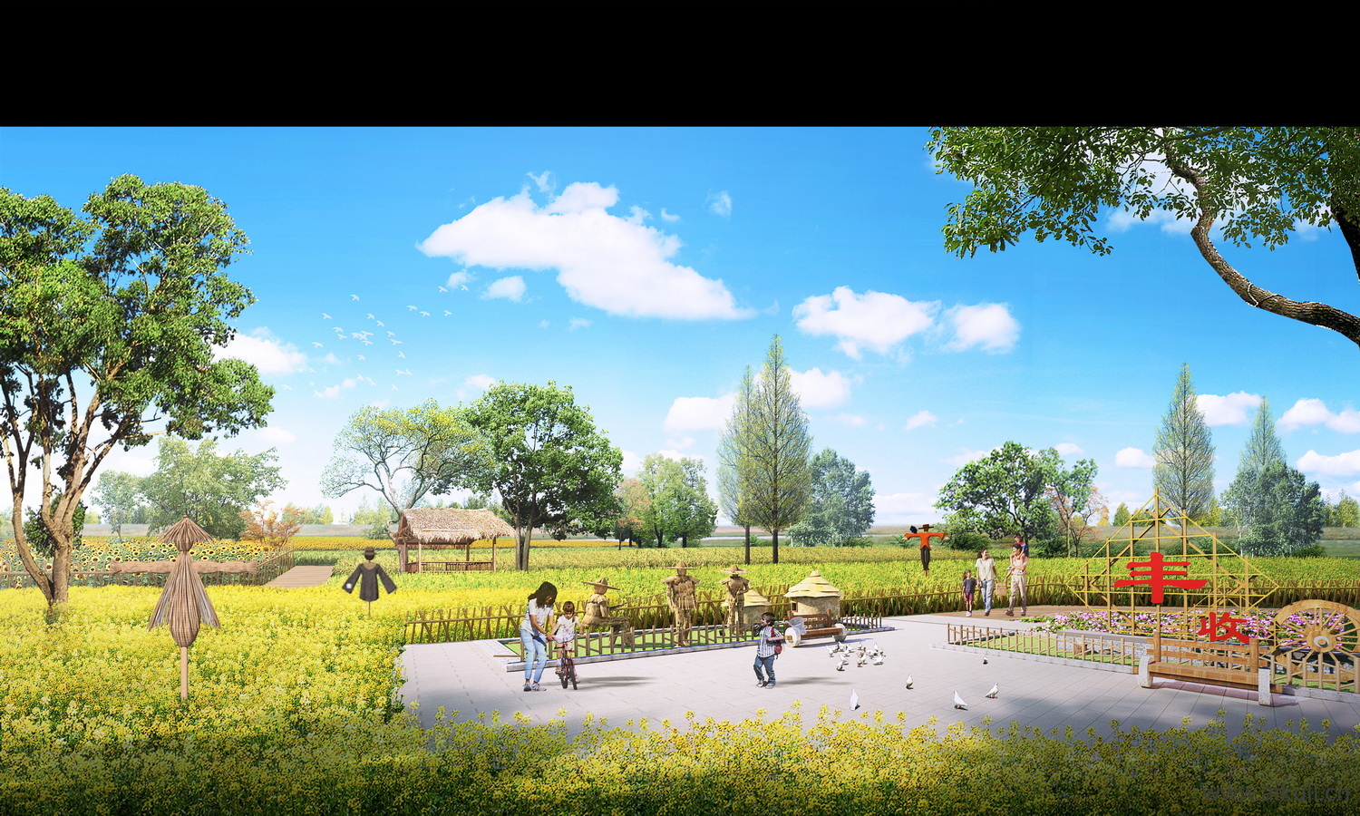 新农村环境景观改造效果图ps后期 美丽乡村绿化花境卉psd素材