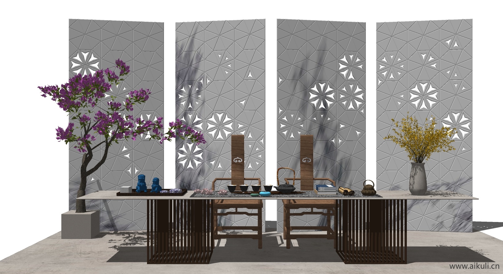 新中式桌椅组合茶室桌椅SU模型7