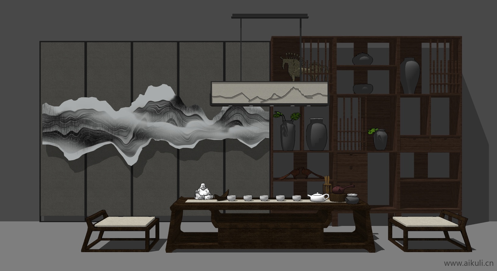 新中式桌椅组合茶室桌椅SU模型4_2