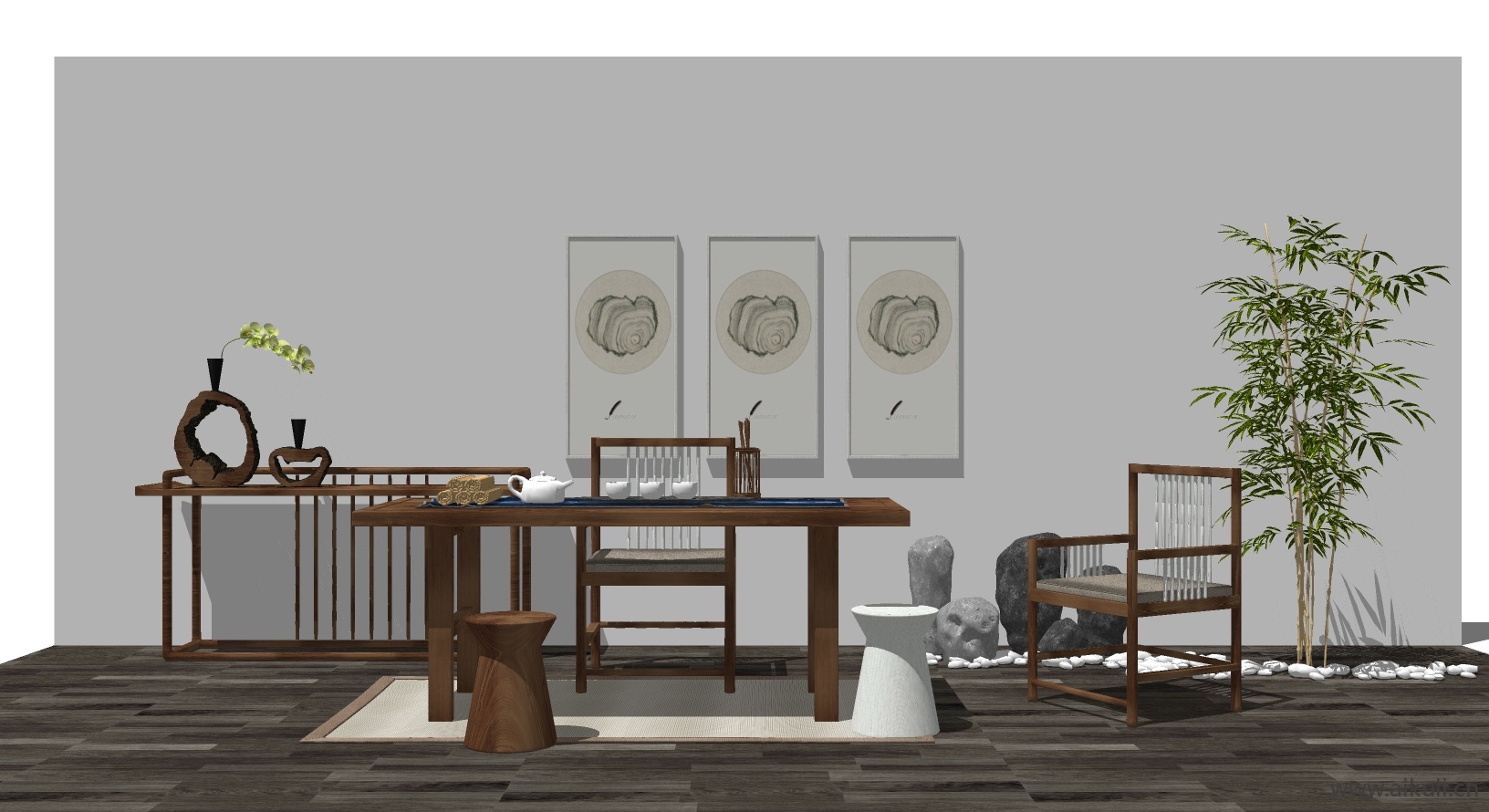 新中式桌椅组合茶室桌椅SU模型9