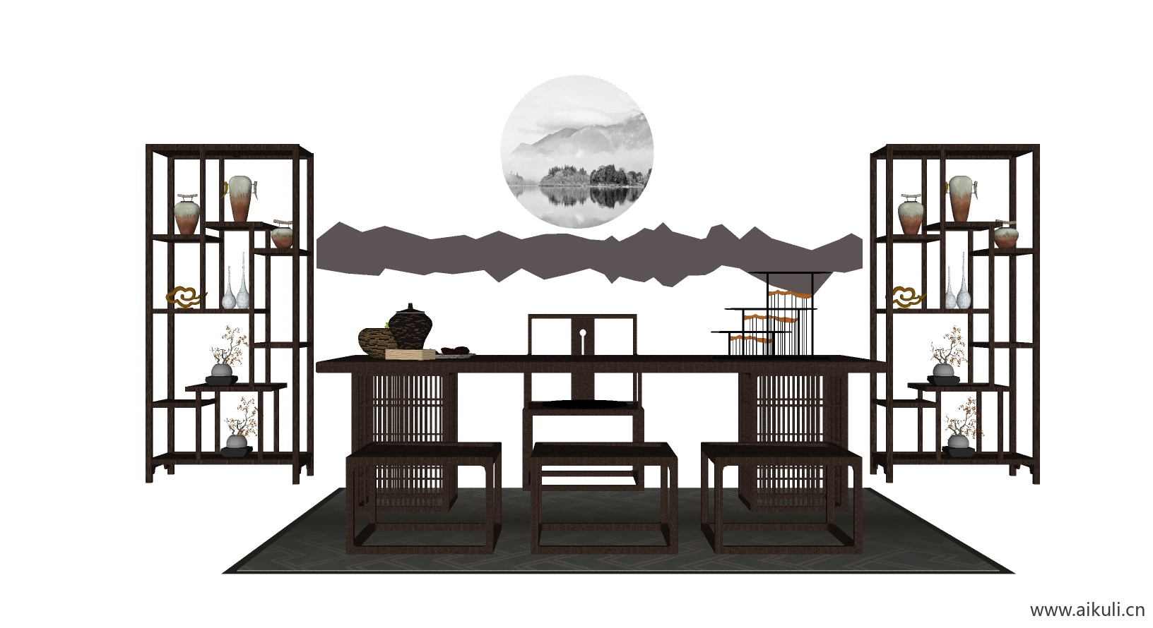 新中式桌椅组合茶室桌椅SU模型茶室桌椅SU模型_2