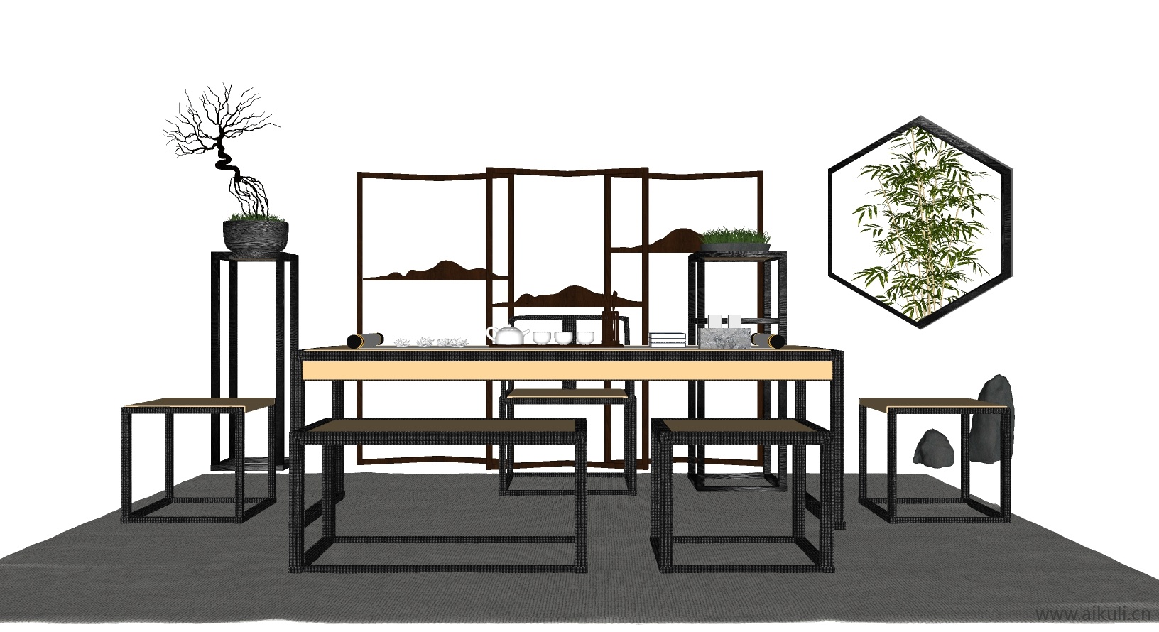 新中式桌椅组合茶室桌椅SU模型茶室桌椅_1