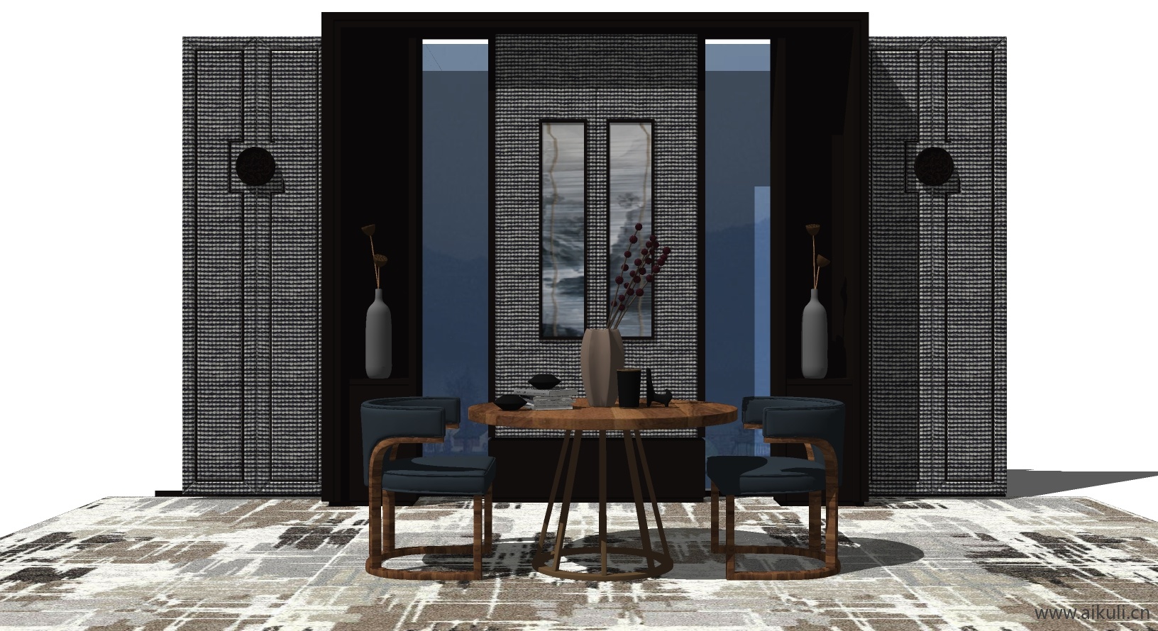 新中式桌椅组合茶室桌椅SU模型5_1