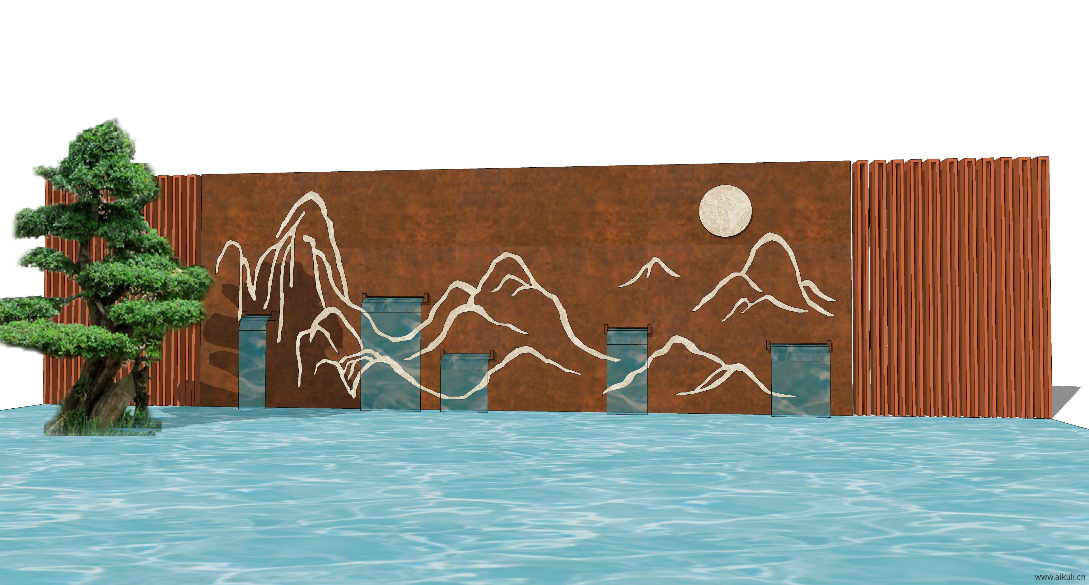 新中式禅意山水景墙Q-SU模型 屏风