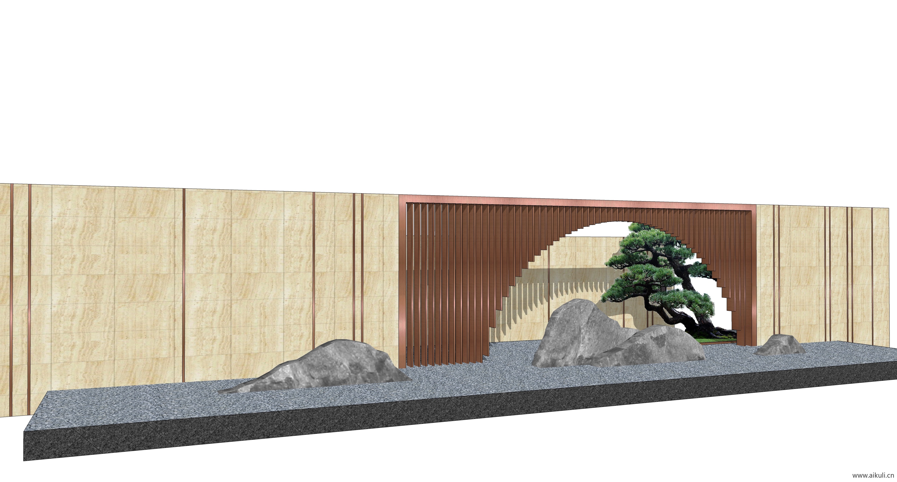 新中式禅意山水景墙N-SU模型 屏风