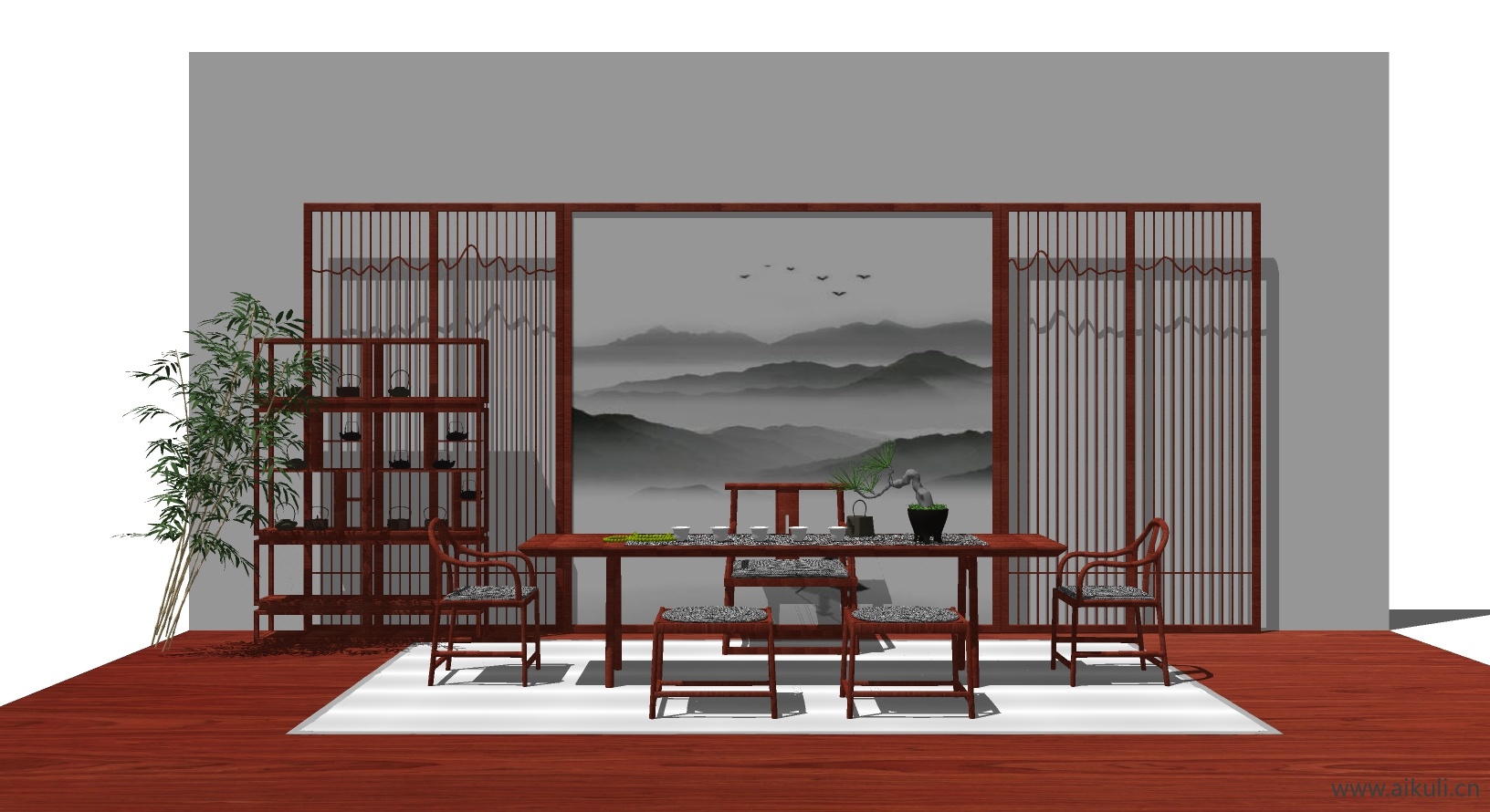 新中式桌椅组合茶室桌椅SU模型6_1