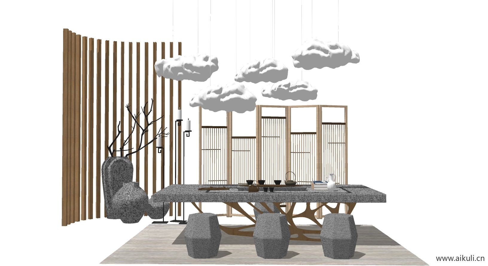 新中式桌椅组合茶室桌椅SU模型3_2