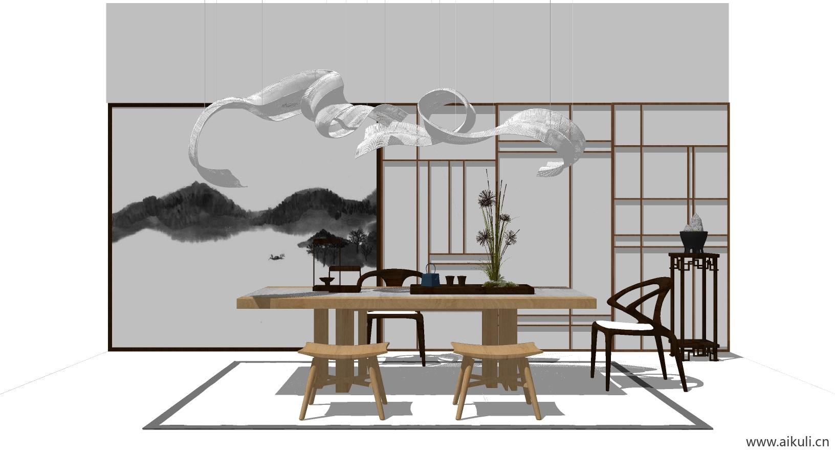 新中式桌椅组合茶室桌椅SU模型茶室桌椅SU模型_1