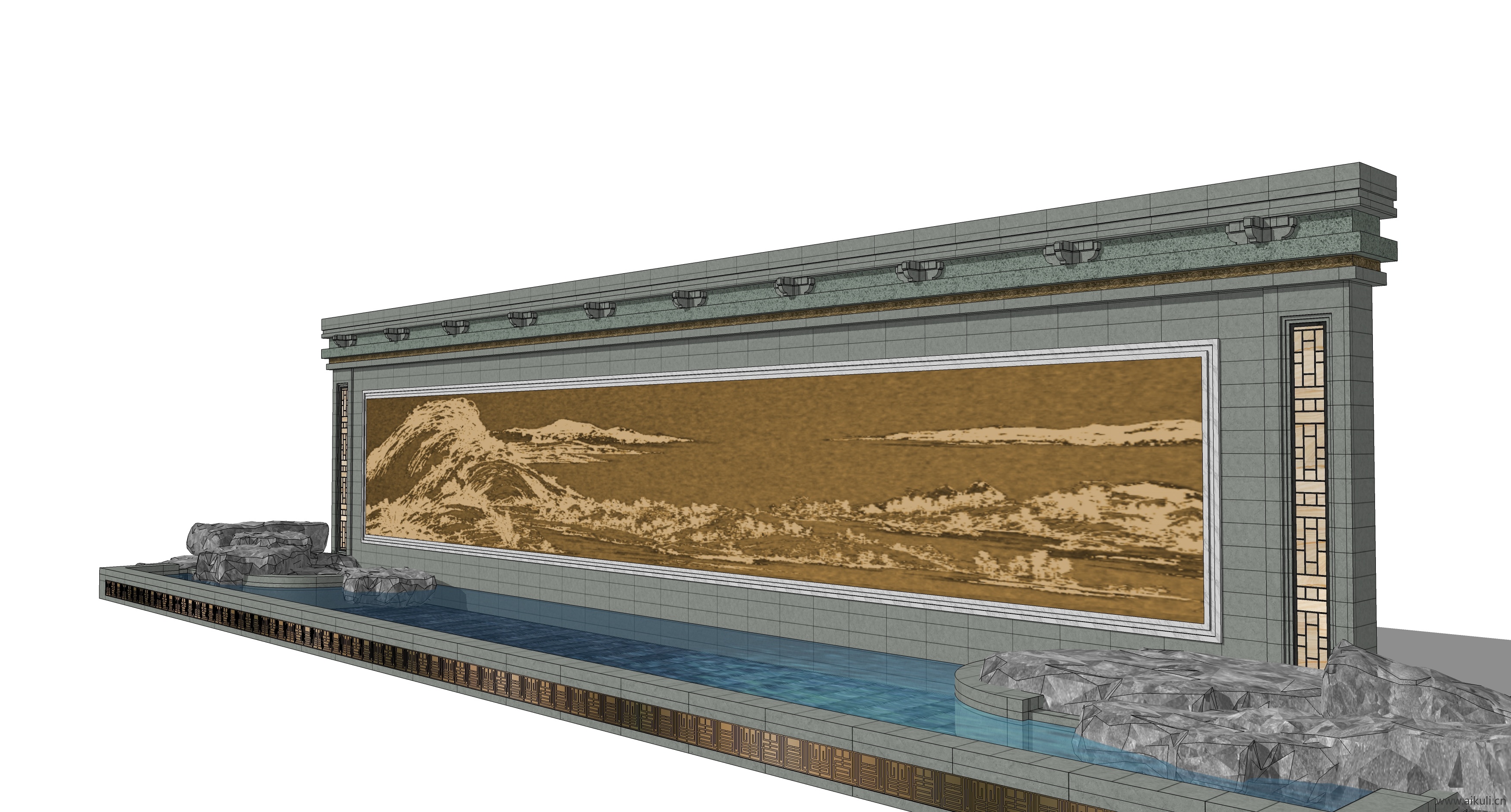 新中式禅意山水景墙W-SU模型 屏风