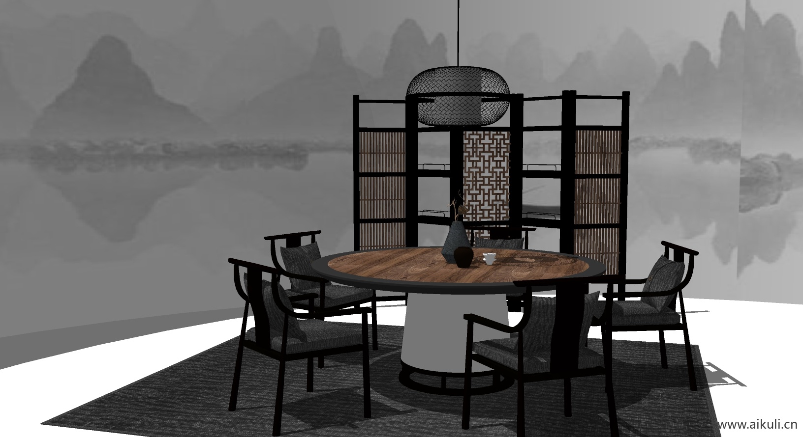 新中式桌椅组合茶室桌椅SU模型4_1