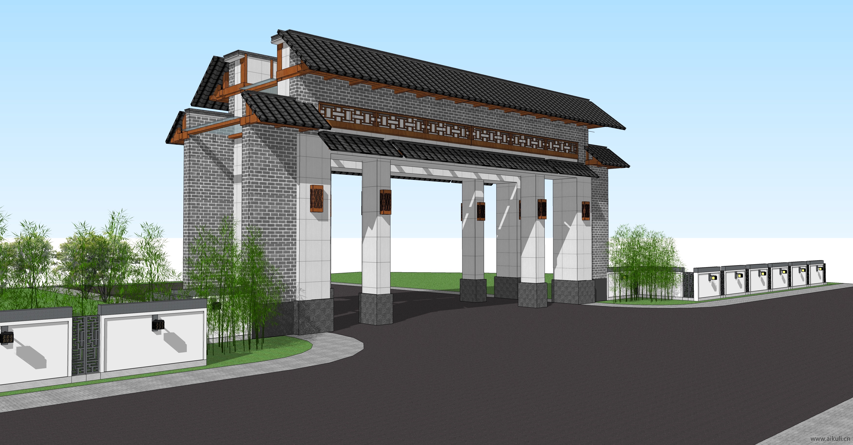 新中式大门景区公园大门SU模型9