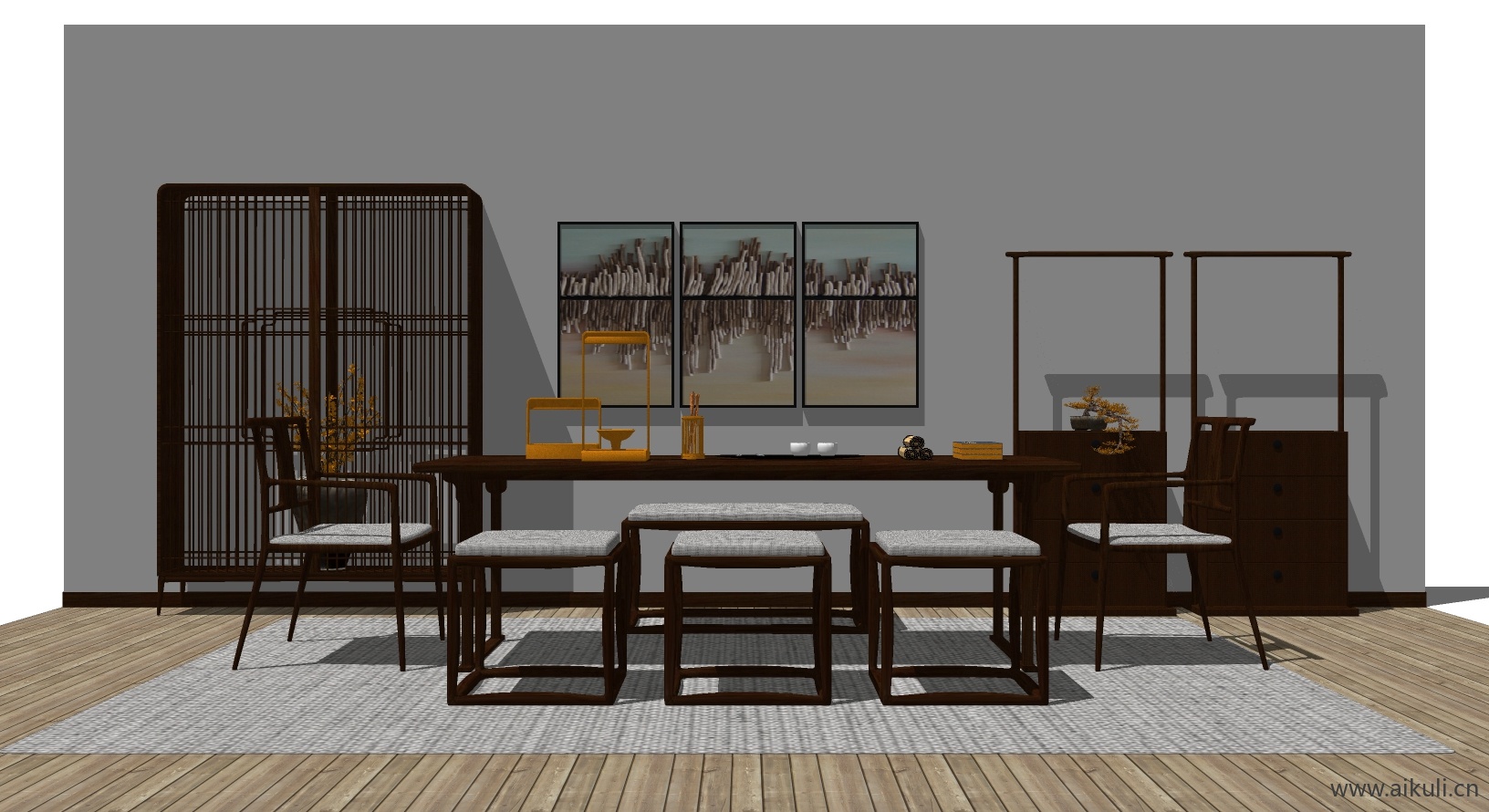 新中式桌椅组合茶室桌椅SU模型3_1