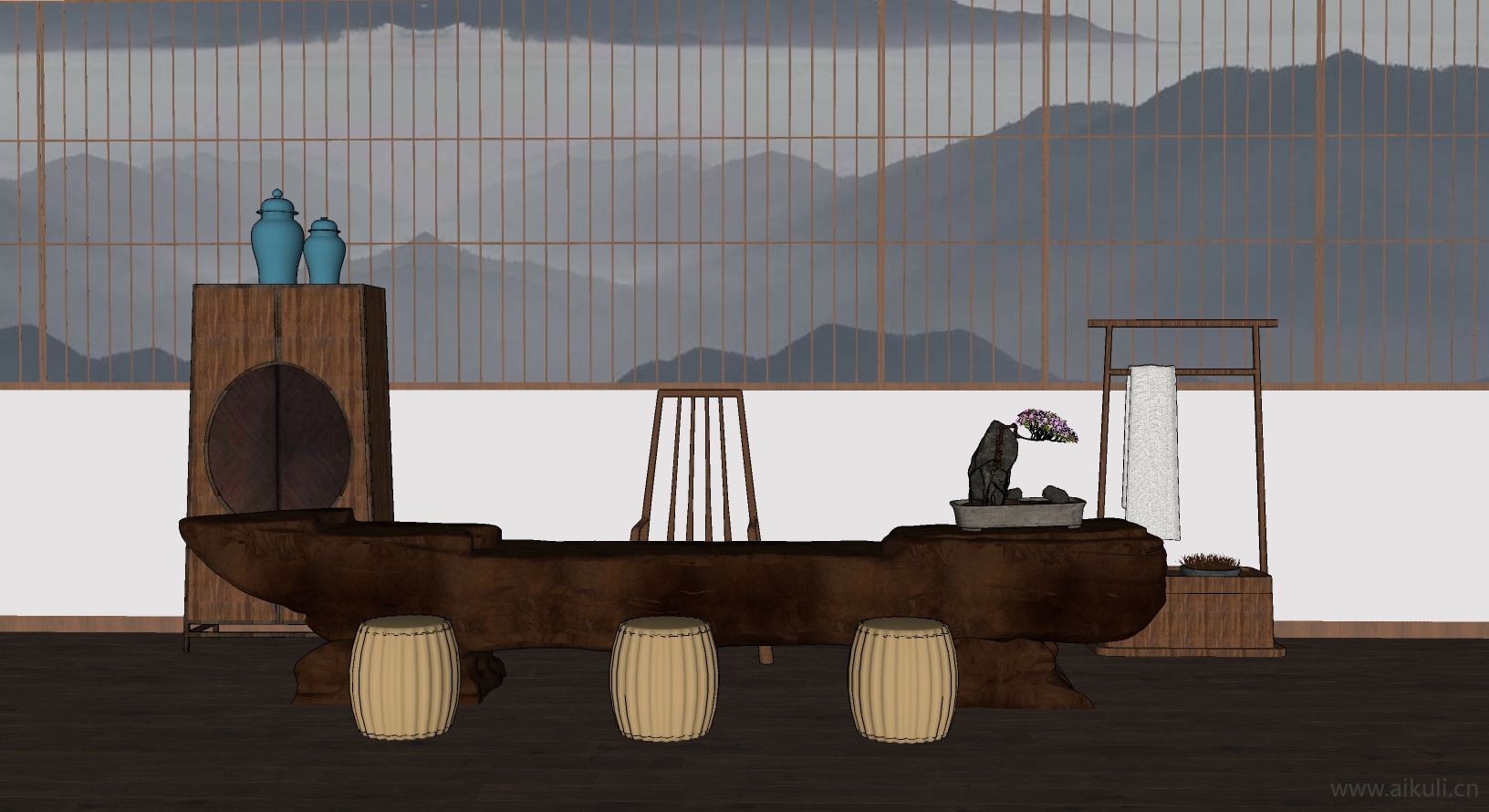 新中式桌椅组合茶室桌椅SU模型茶室桌椅_2