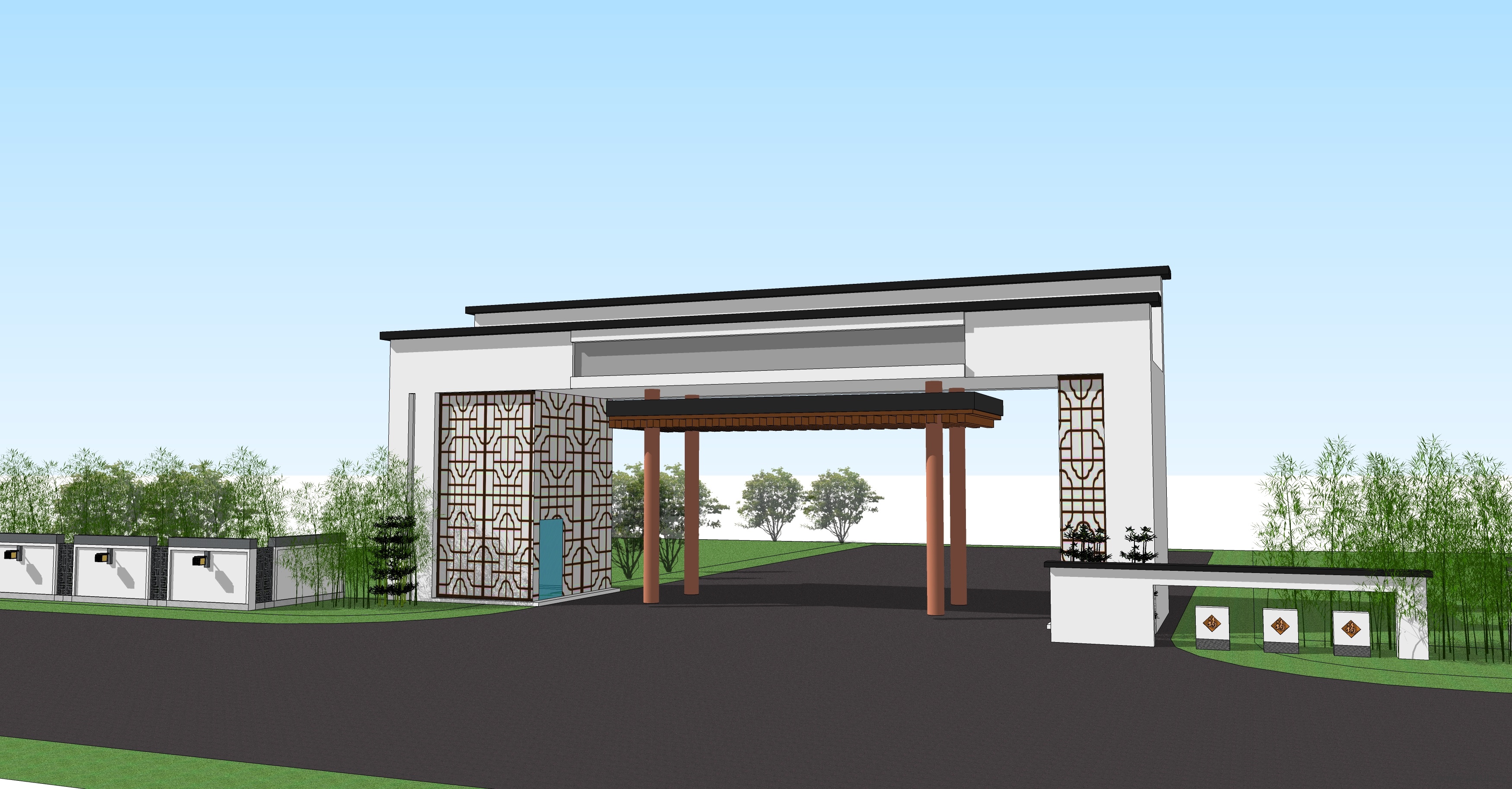 新中式大门景区公园大门SU模型SU模型