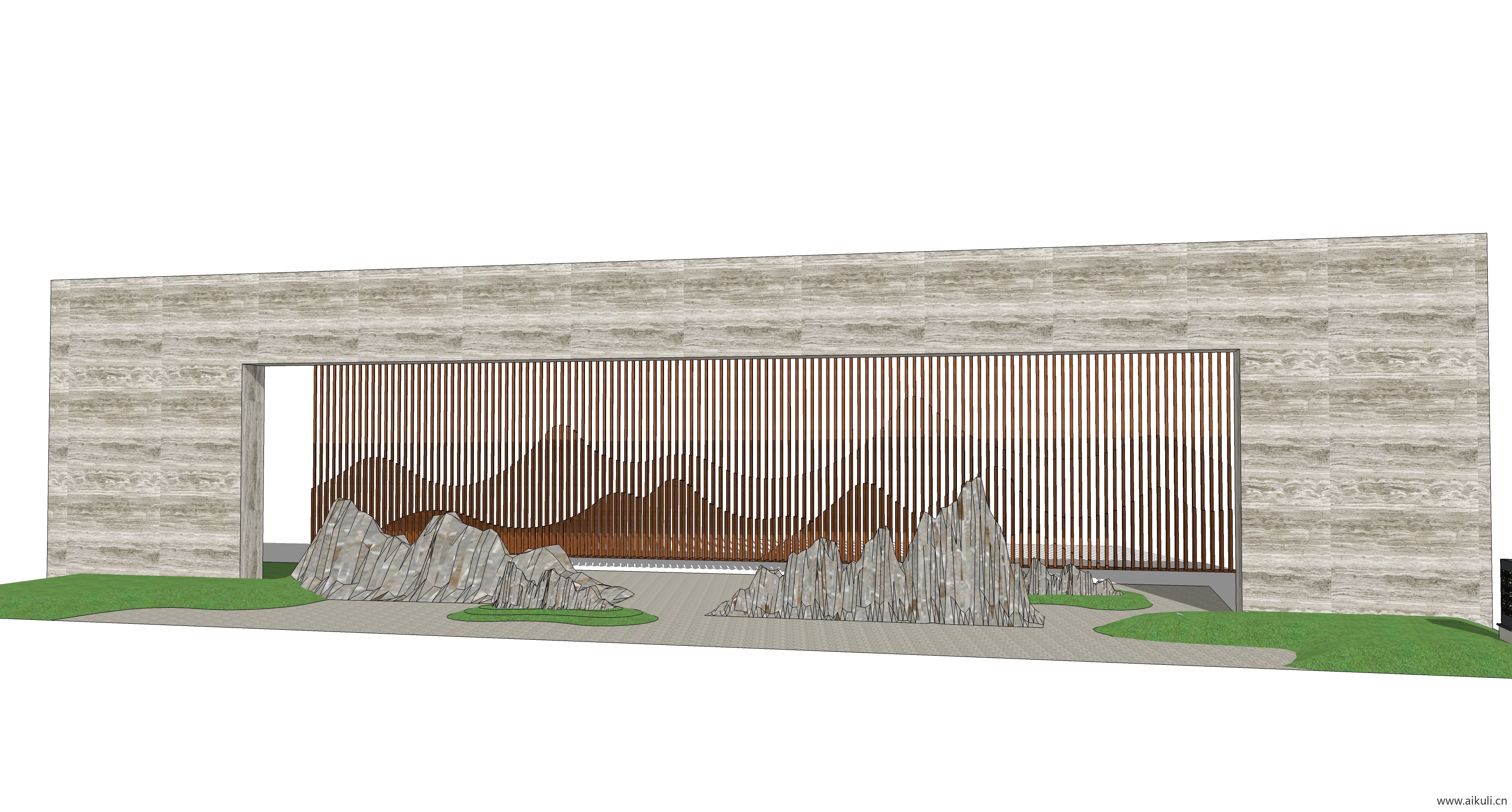 新中式禅意山水景墙V-SU模型 屏风