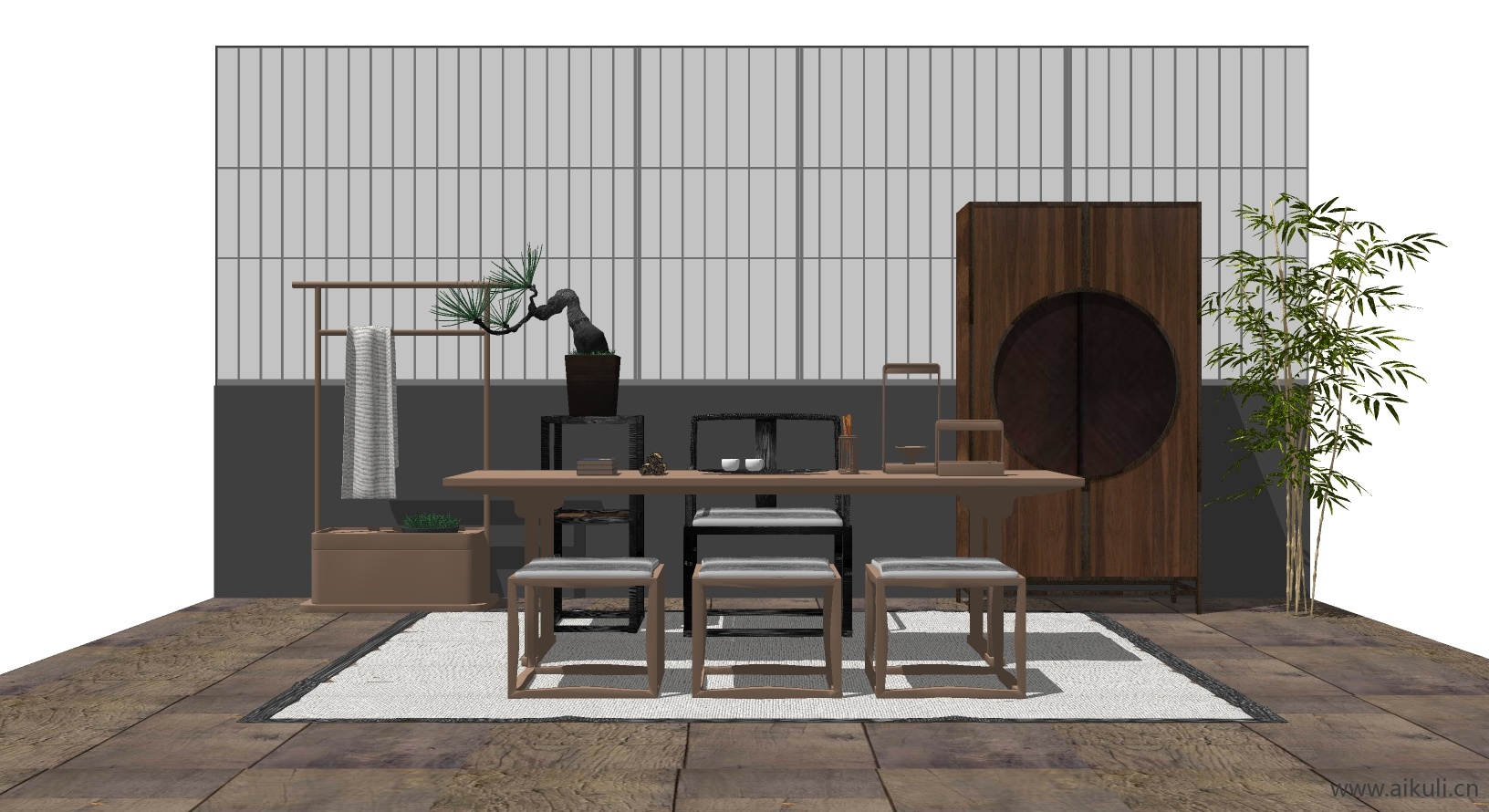 新中式桌椅组合茶室桌椅SU模型5_2