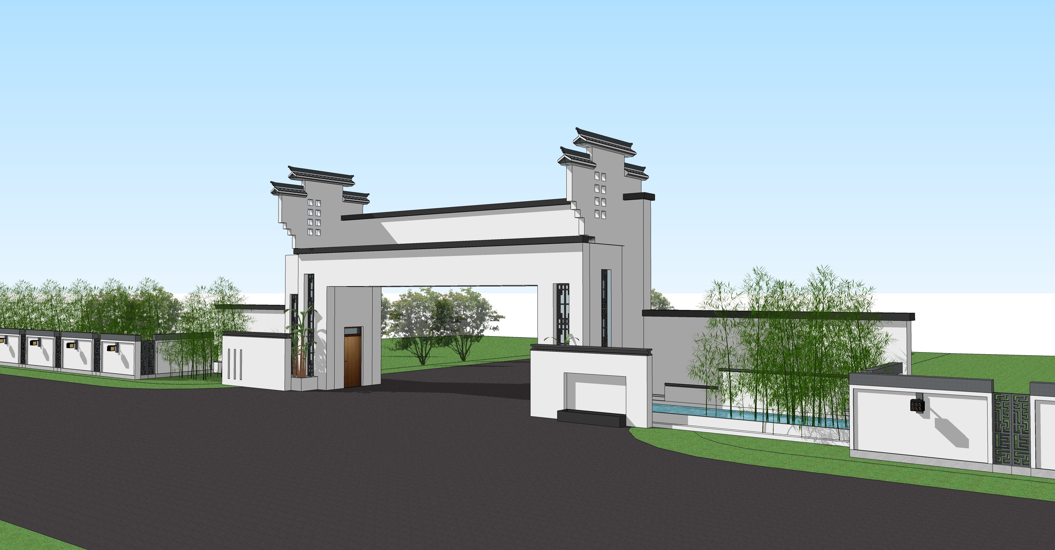 新中式大门景区公园大门SU模型3