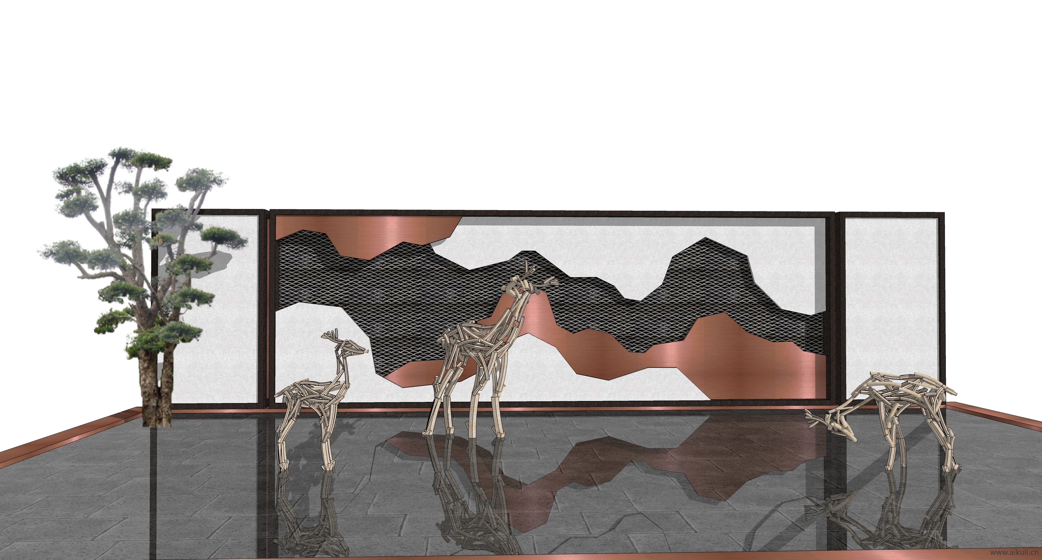 新中式禅意山水景墙K-SU模型 屏风