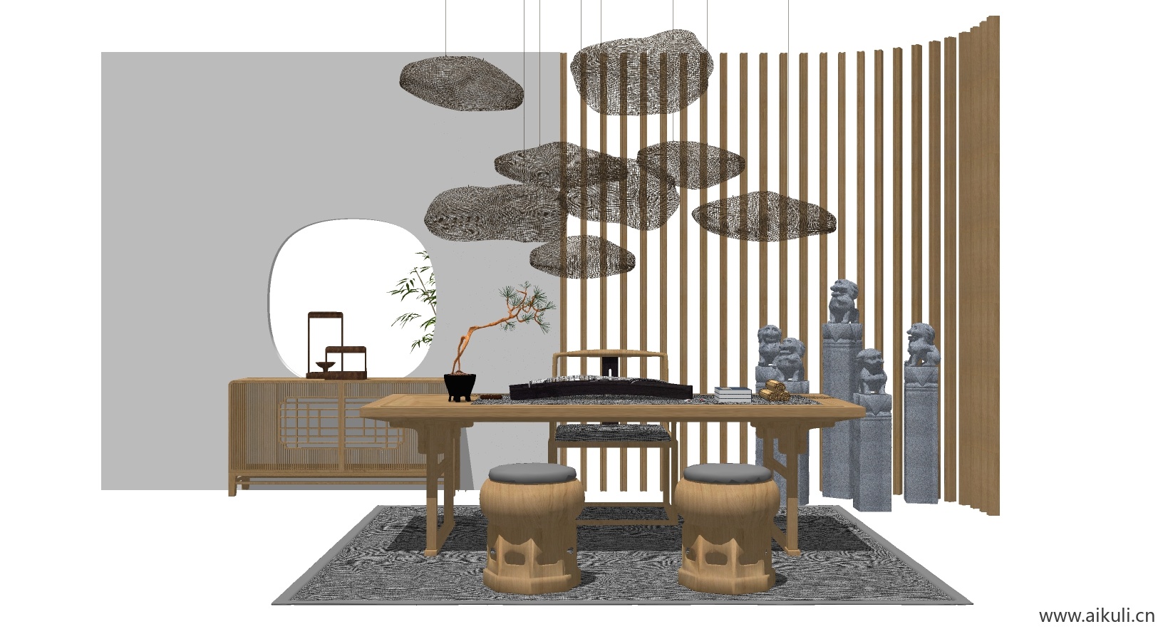 新中式桌椅组合茶室桌椅SU模型6_2