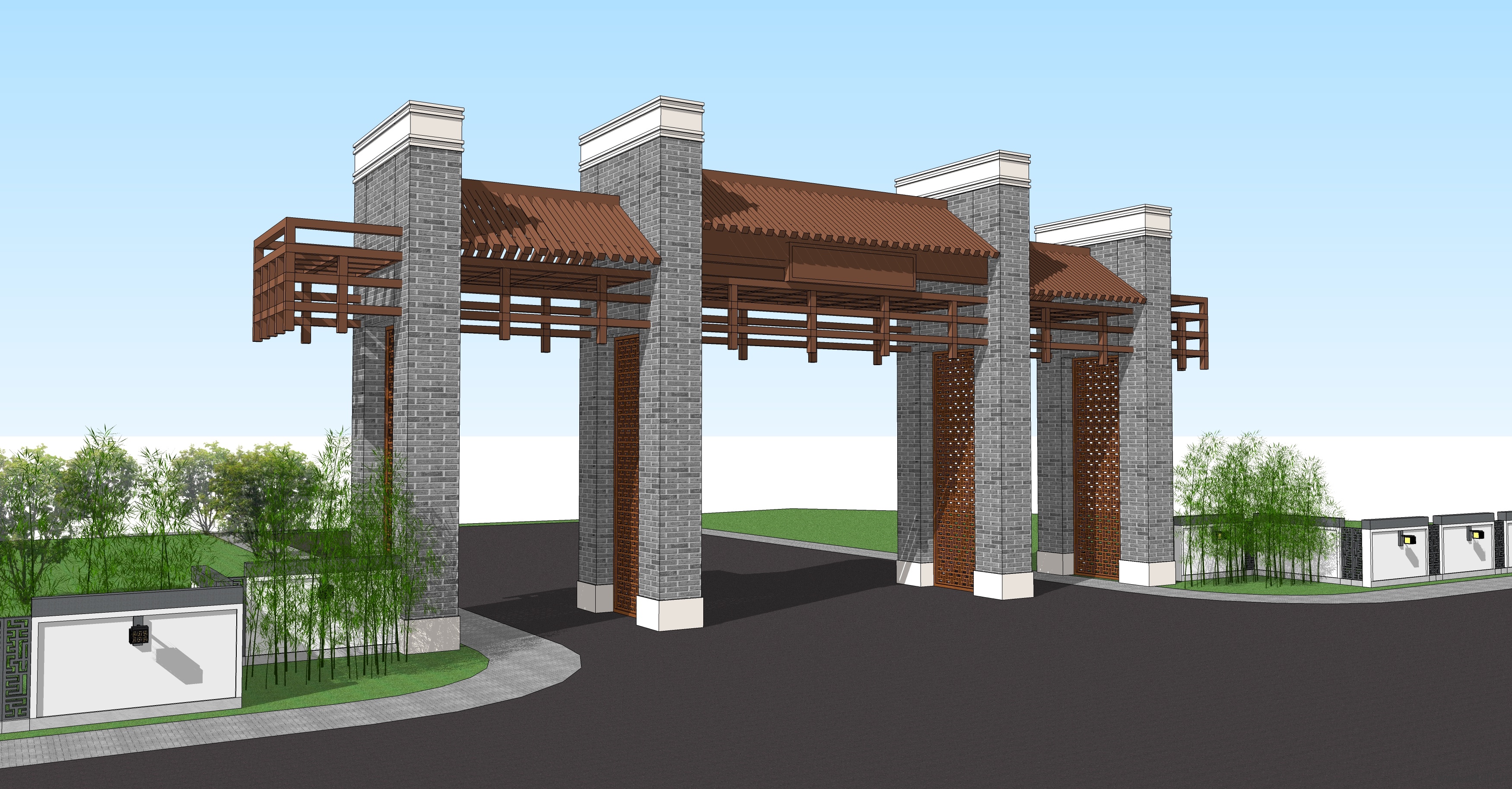 新中式大门景区公园大门SU模型8