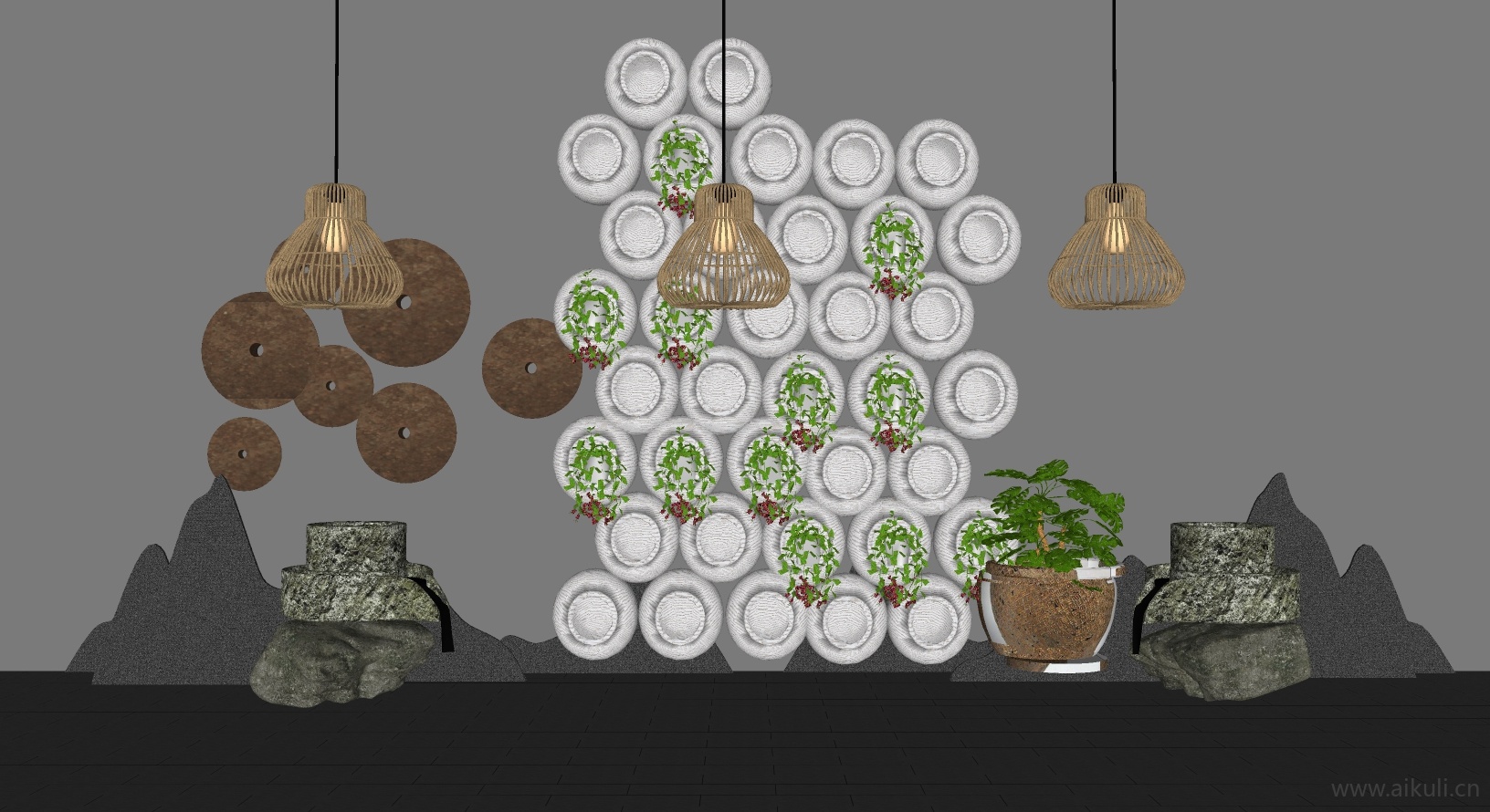 新中式园艺小品 景观小品 装饰小品M-SU模型