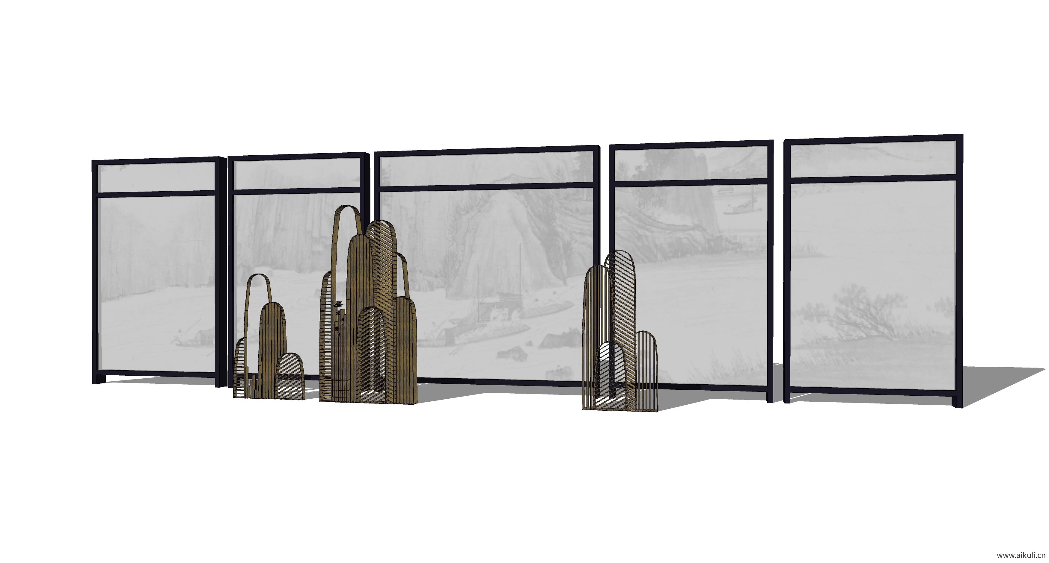 新中式禅意山水景墙P-SU模型 屏风