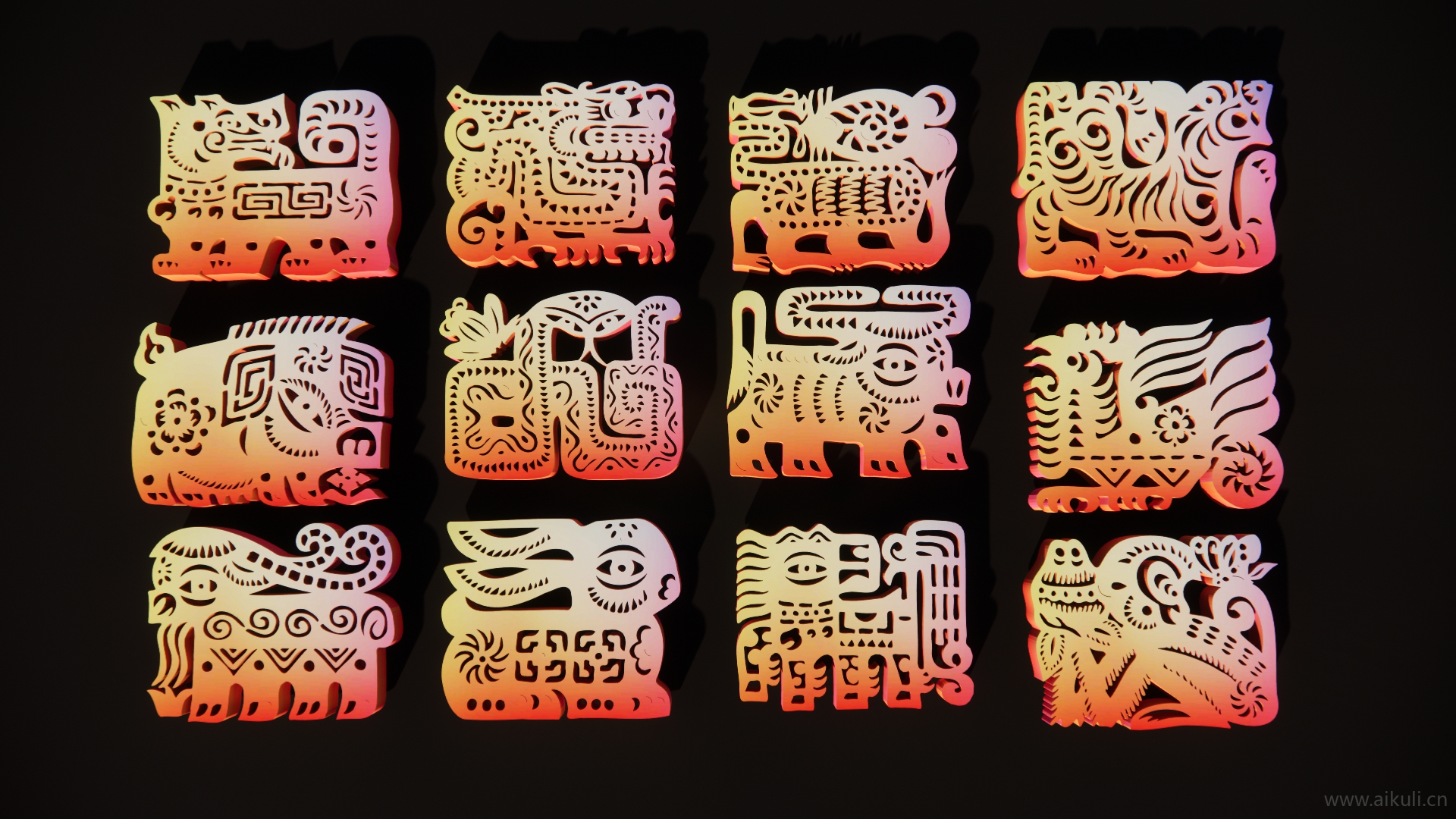 2D动物生肖剪纸剪影