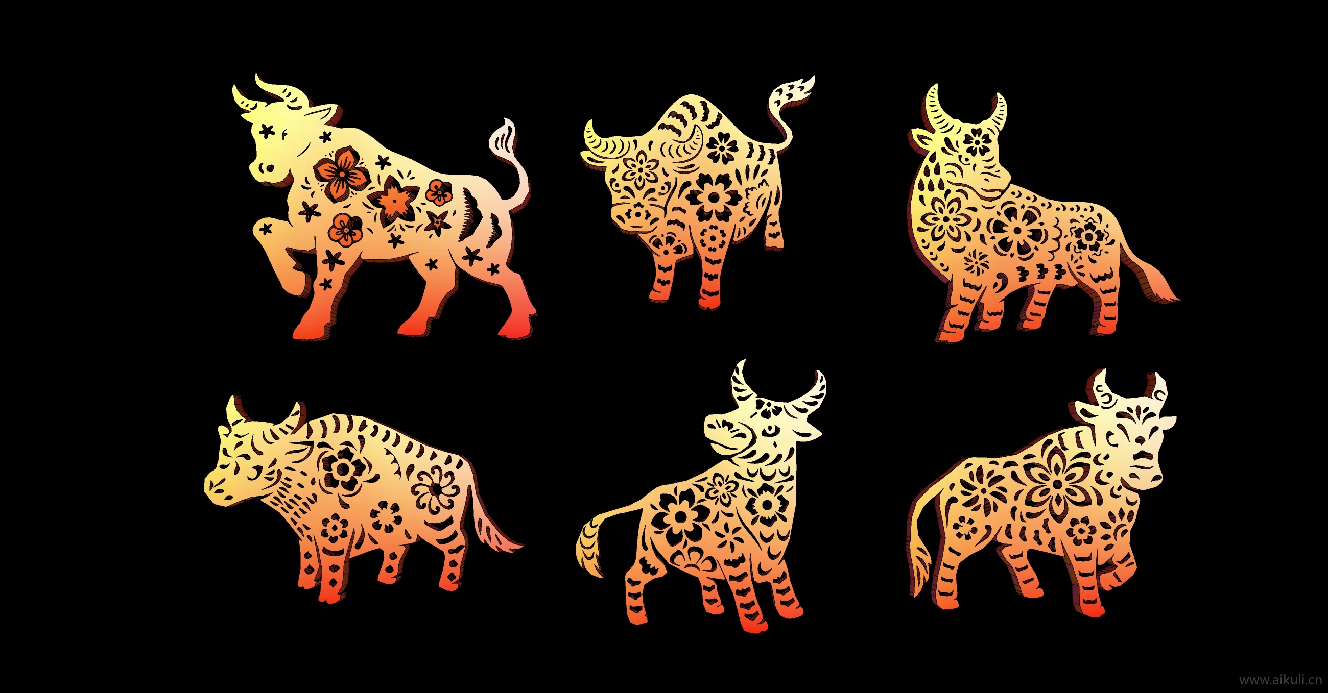 牛2D动物生肖剪纸剪影