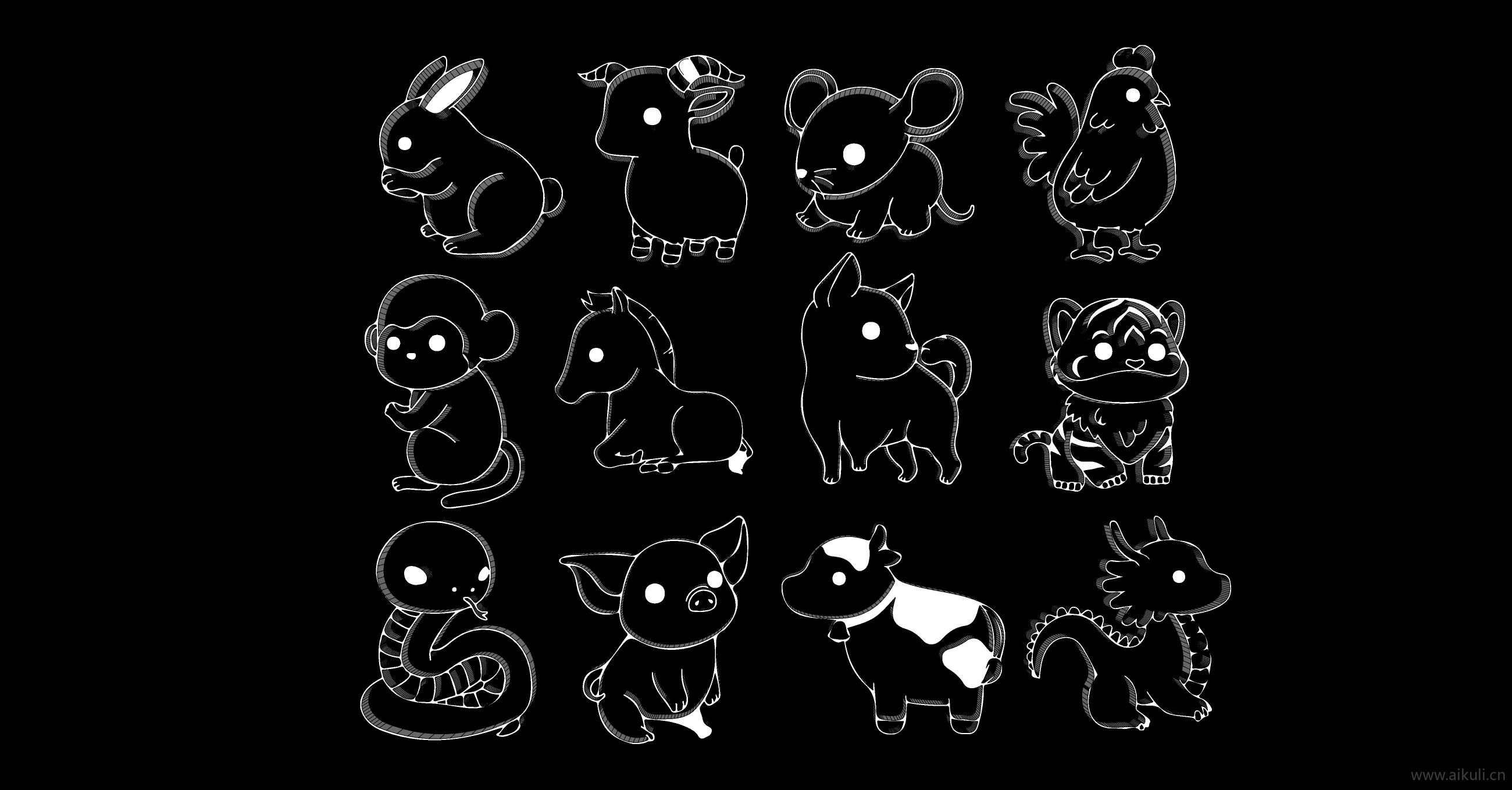 2D卡通十二生肖剪影