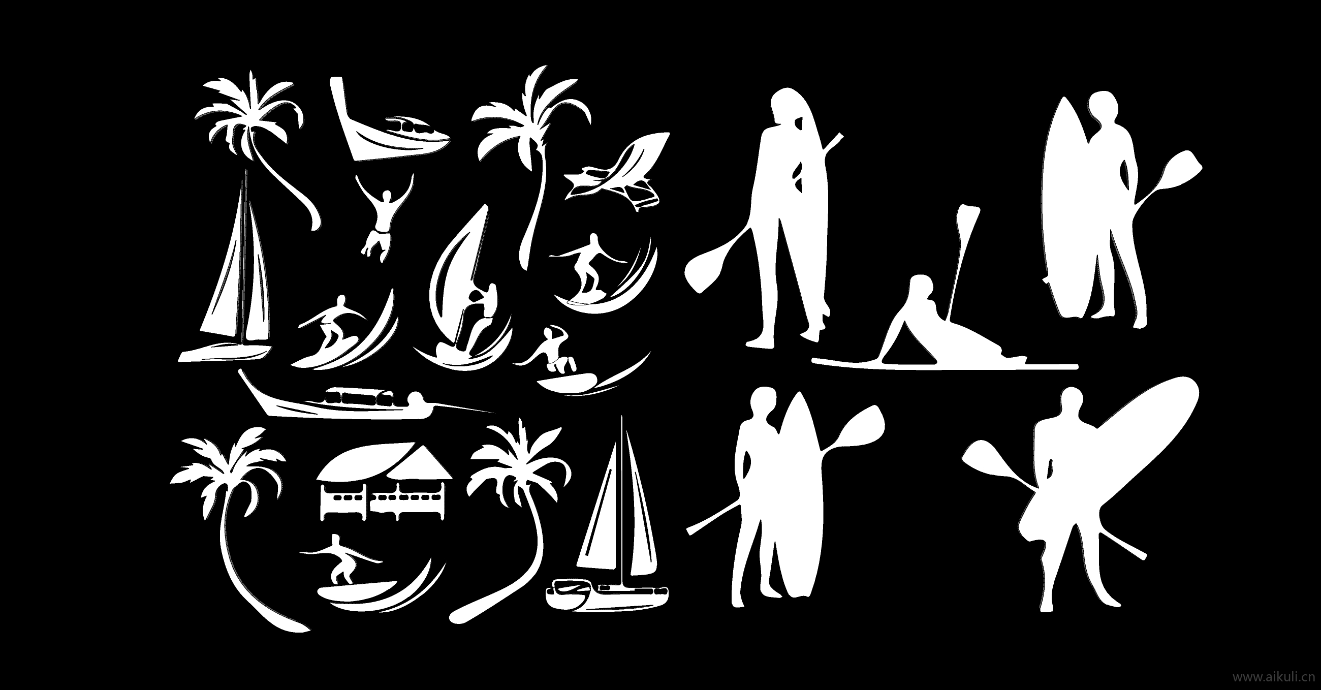 2D人物海边沙滩 船 椰树剪影