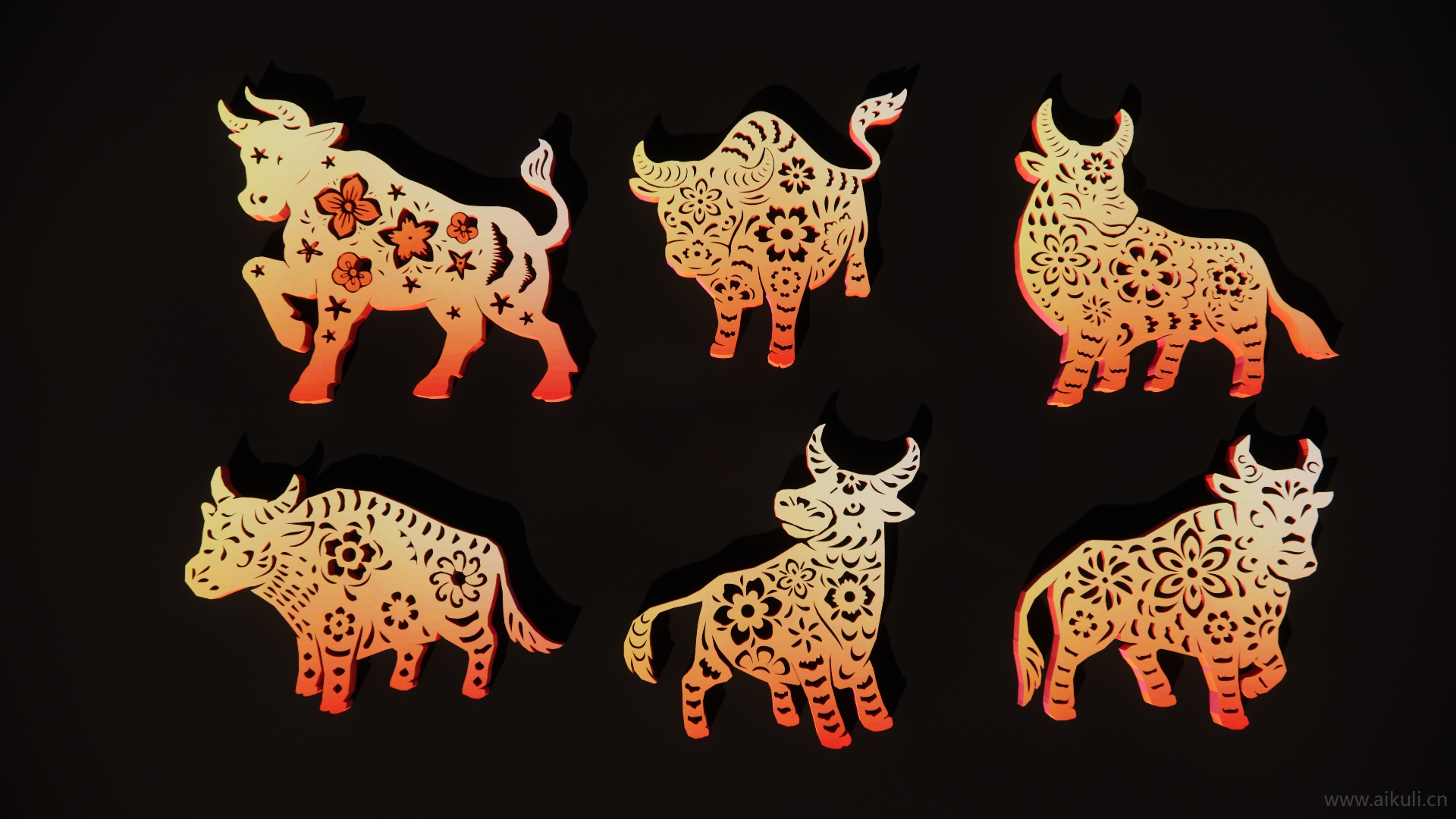 牛2D动物生肖剪纸剪影