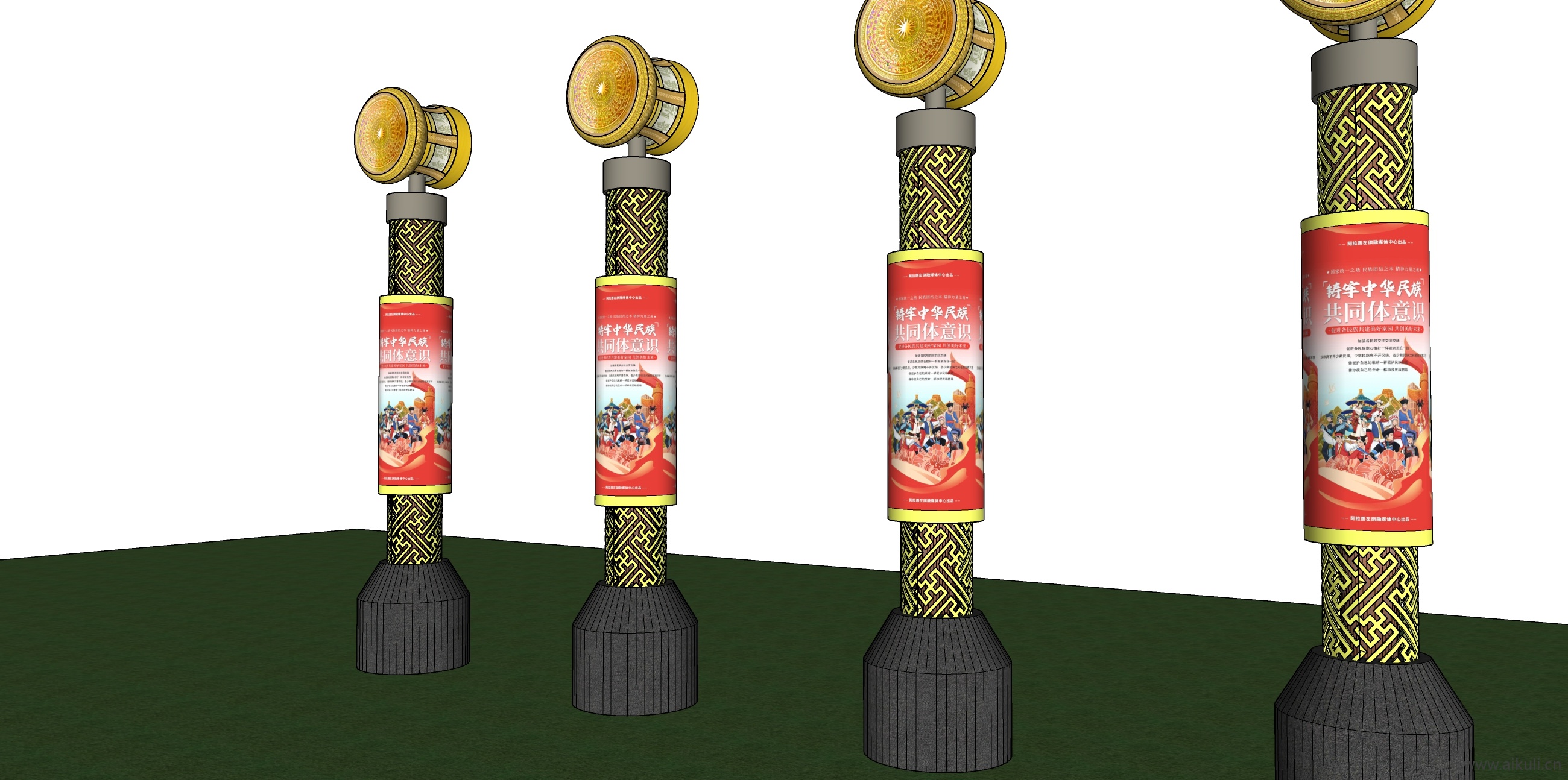 景观雕塑小品 铜鼓 锈球少数民族灯柱广告SU模型